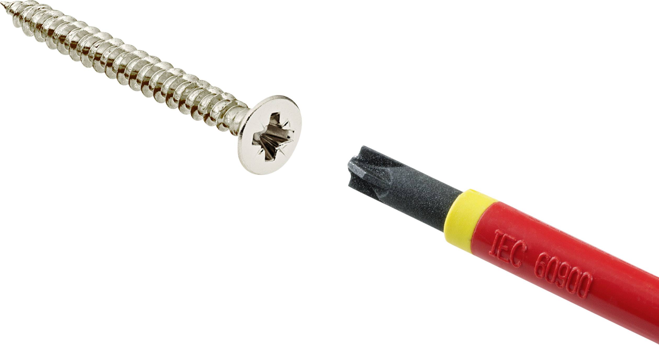 Ein goldener Schraubendreherkopf und ein rotes, gelbes Schraubendreherheft, die Richtung einer metallischen Kreuzschlitzschraube zeigen.