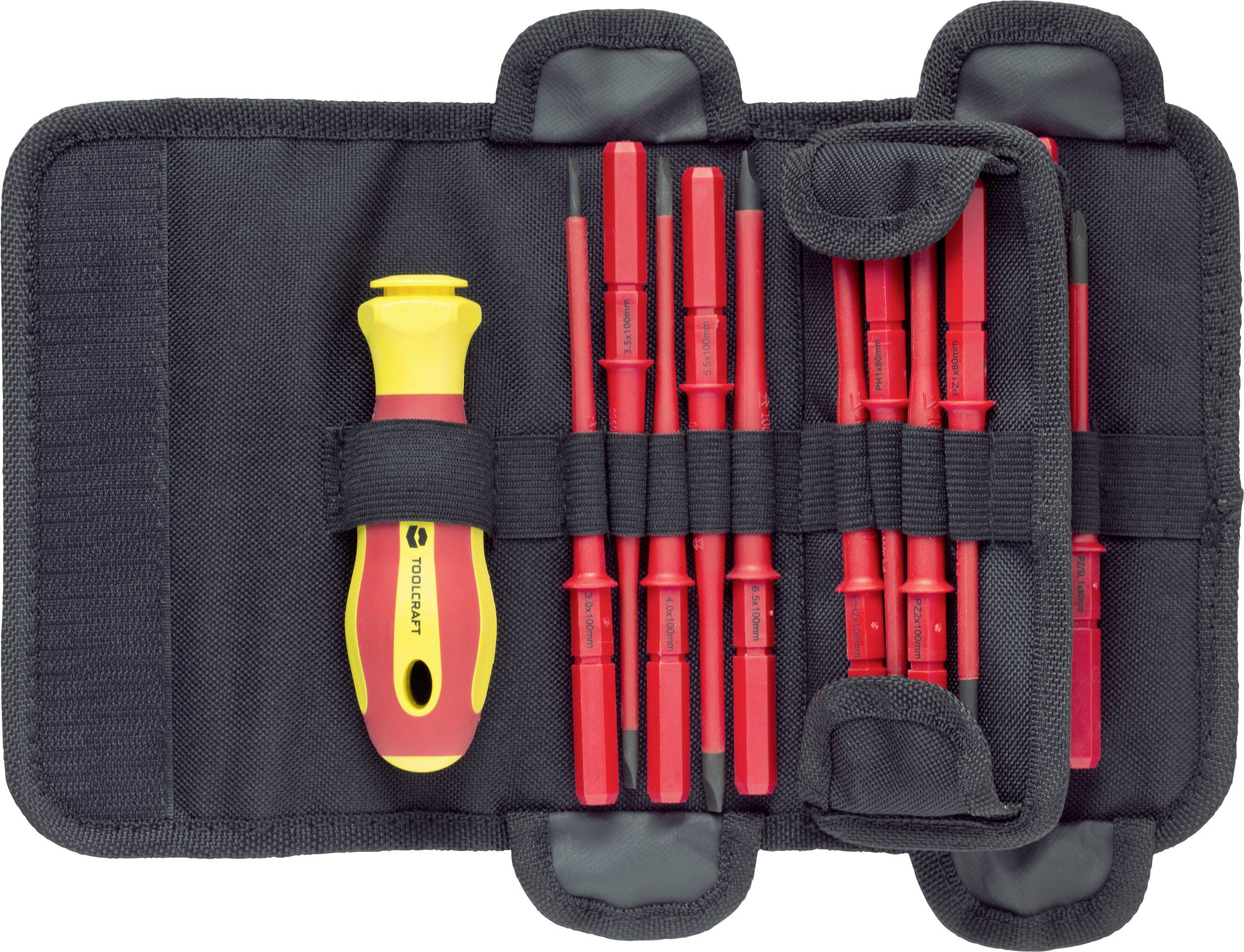 Ein Set von Schraubendreheraufsätzen und Griff, sortiert in einer schwarzen Tasche. Ideal für elektrische Arbeiten.