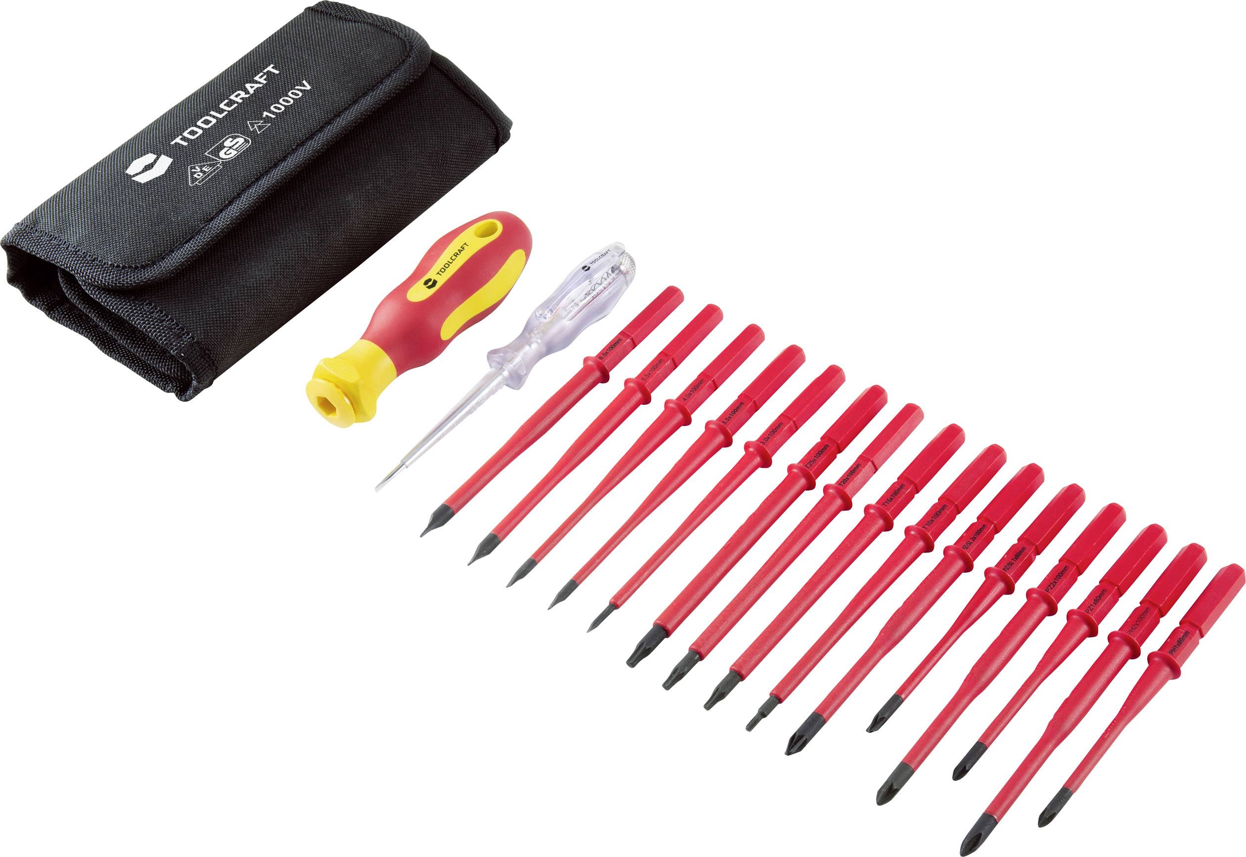 Werkzeugset mit rotem Schraubendrehergriff, Spannungsprüfer und 13 isolierten Schraubendreherklingen. Enthält schwarze Tasche mit Aufdruck 'Toolcraft'.