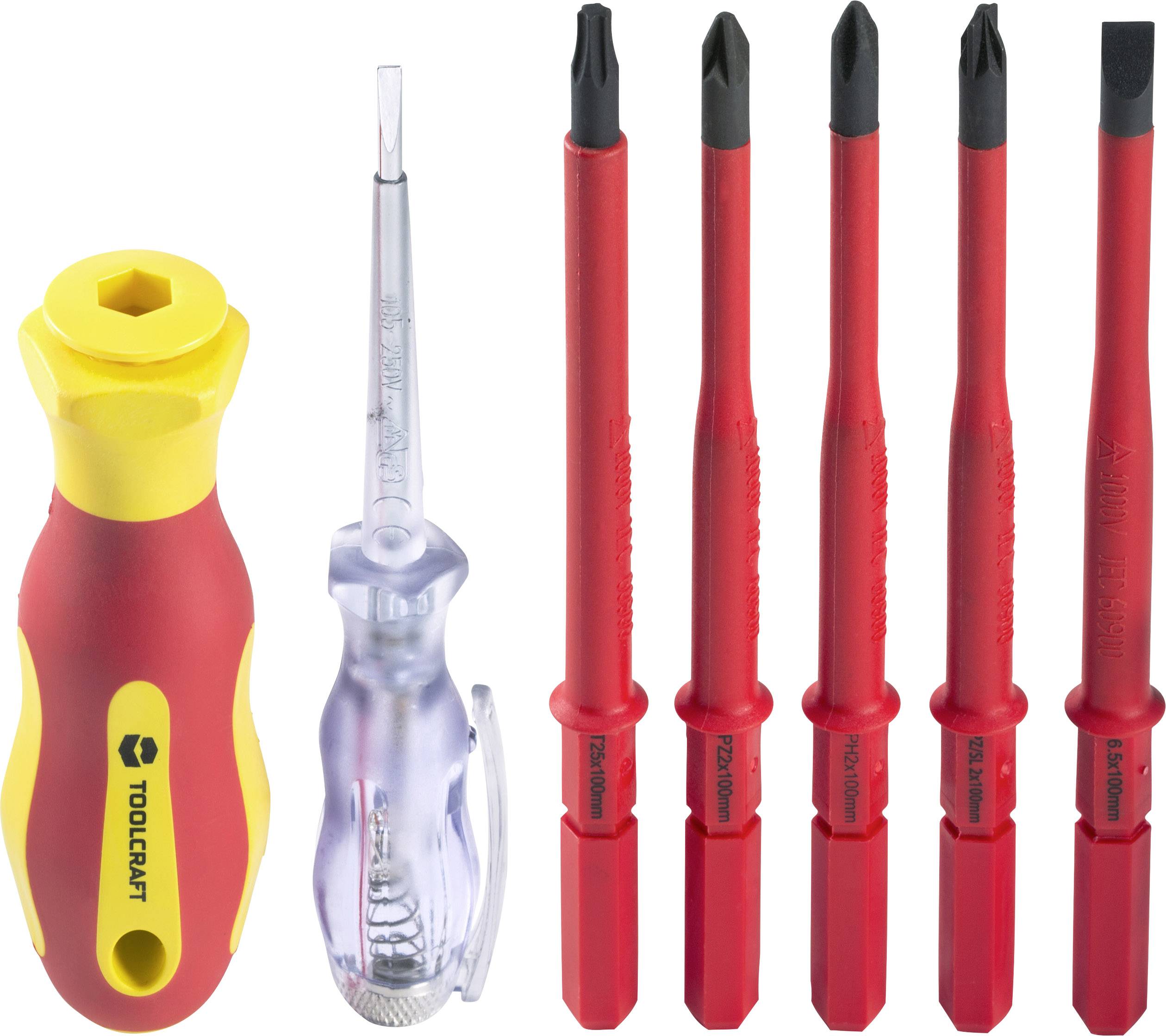 Sechsteiliges Schraubendreher-Set mit einem gelben Griff und fünf roten, isolierten Aufsätzen für verschiedene Schraubenarten.