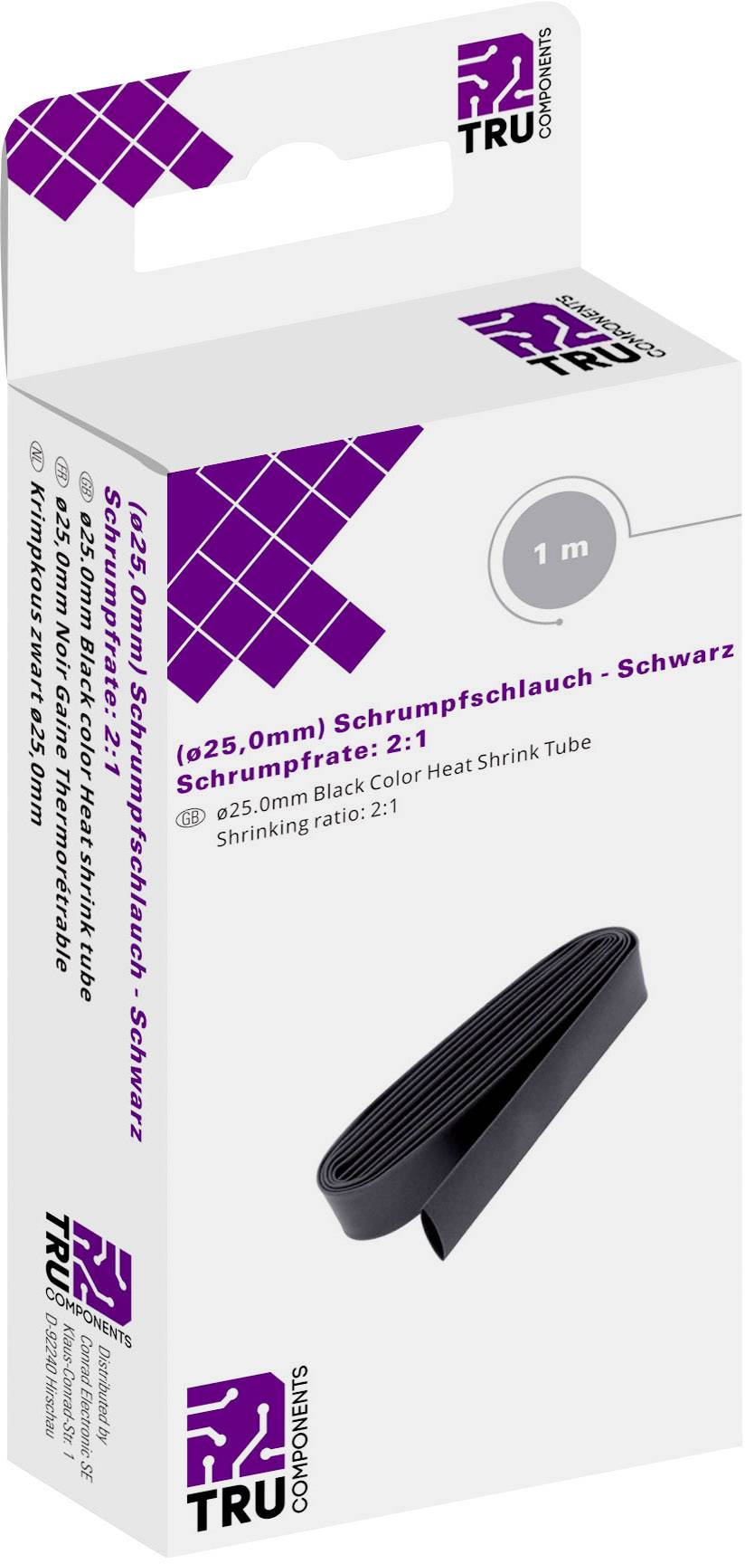Verpackung eines schwarzen Schrumpfschlauchs mit 1 Meter Länge und Schrumpfrate 2:1, abgebildet als zusammengerolltes Band.