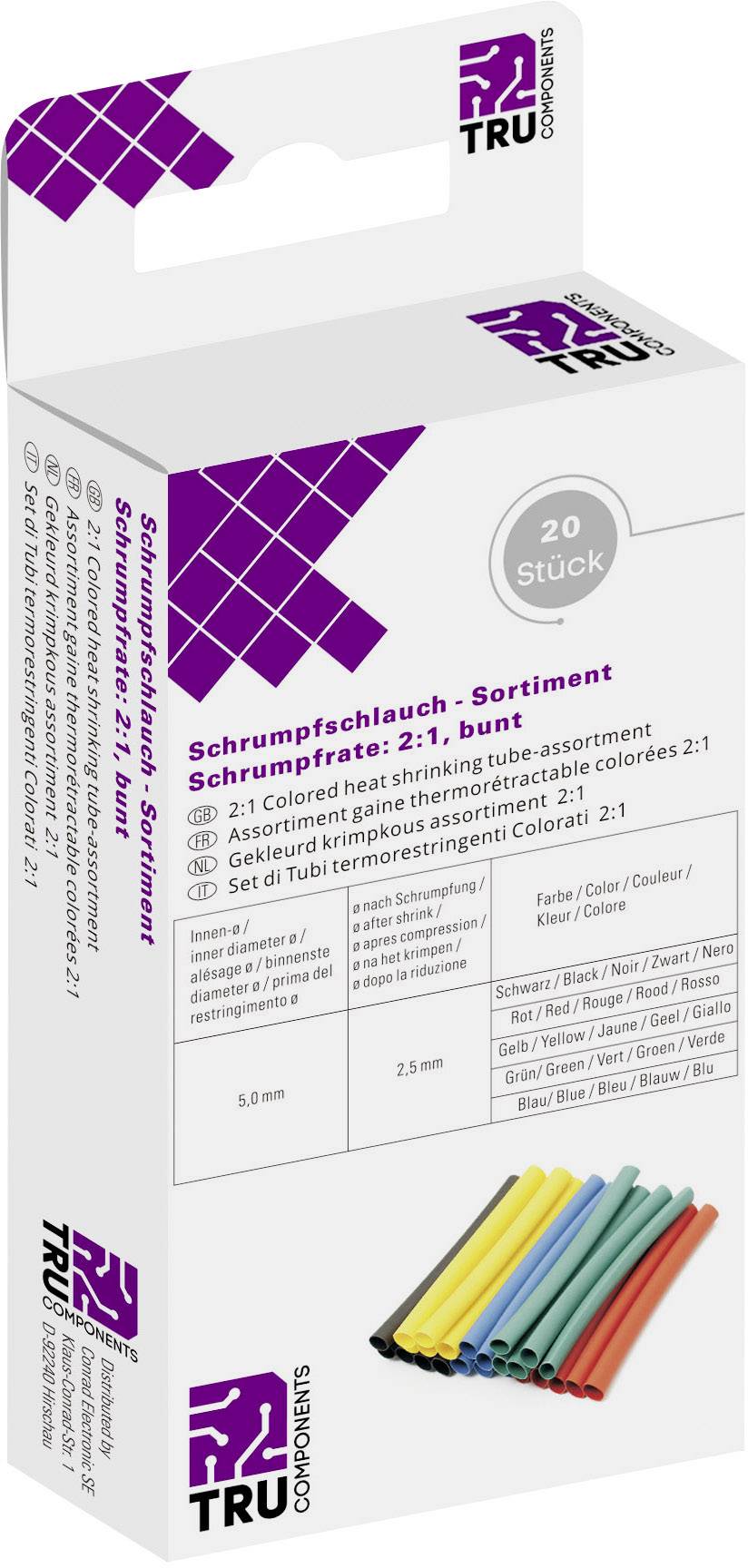 Verpackung eines Schrumpfschlauchs in verschiedenen Farben der Marke TRU Components. Enthält 20 Stück, Schrumpfrate 2:1.