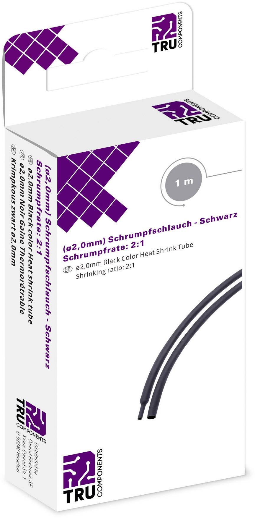 Verpackung einer Schrumpfschlauchrolle, 2,0 mm Durchmesser, schwarz, 2:1 Schrumpfrate, 1 m Länge, von der Marke TRU Components.