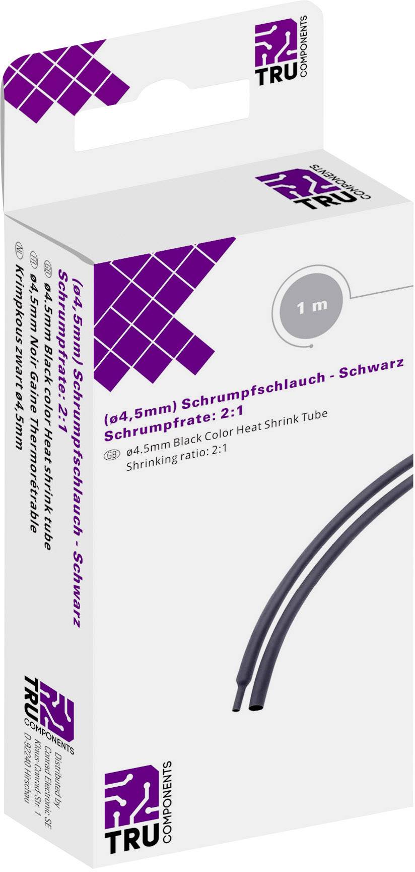 Verpackung von Schrumpfschlauch, schwarz, Länge 1 m, Schrumpfrate 2:1, Marke TRU Components.