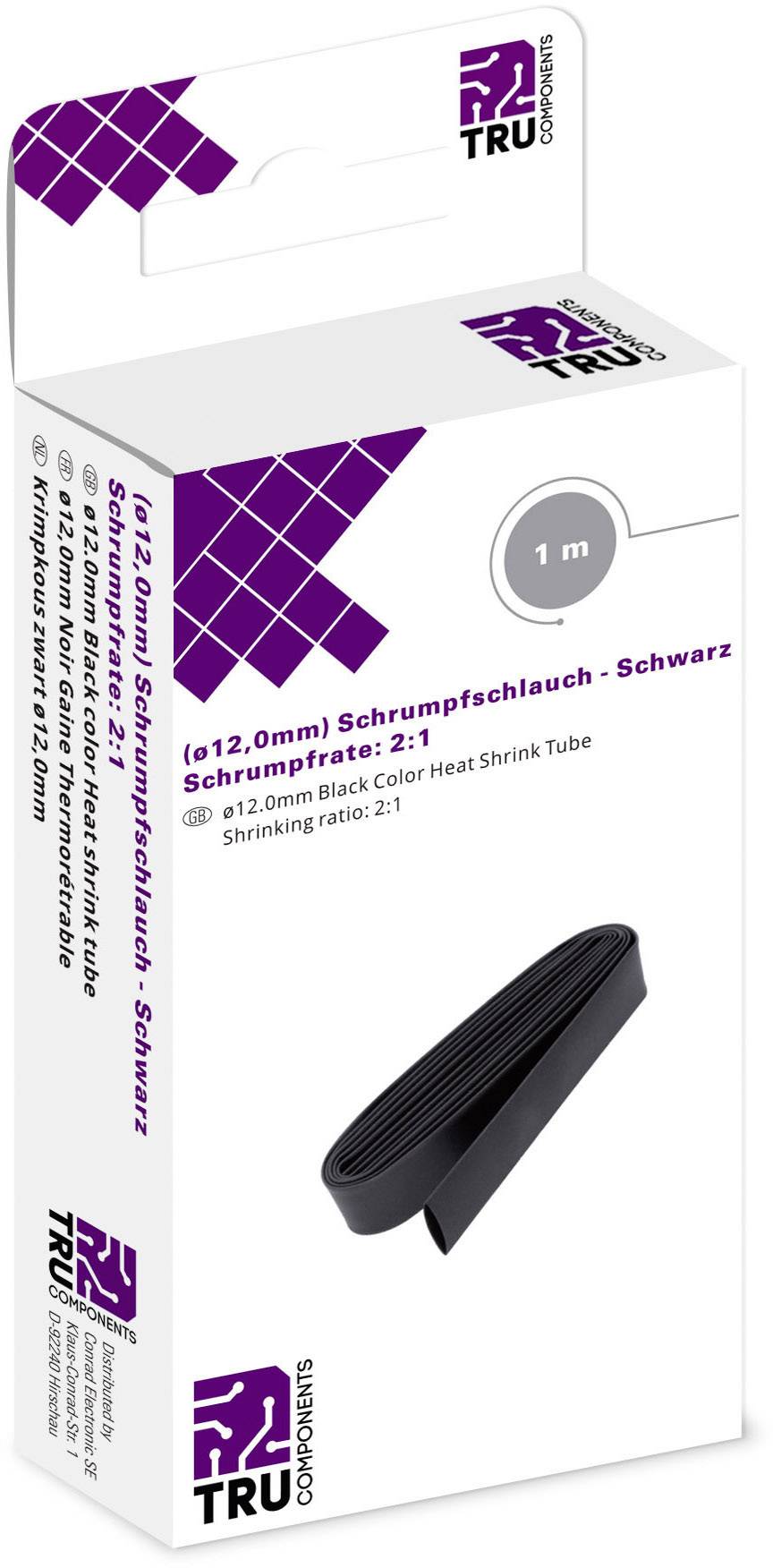 Schwarzer Schrumpfschlauch (12mm, 1m) mit Schrumpfverhältnis 2:1, verpackt in einer TRU Components Box.