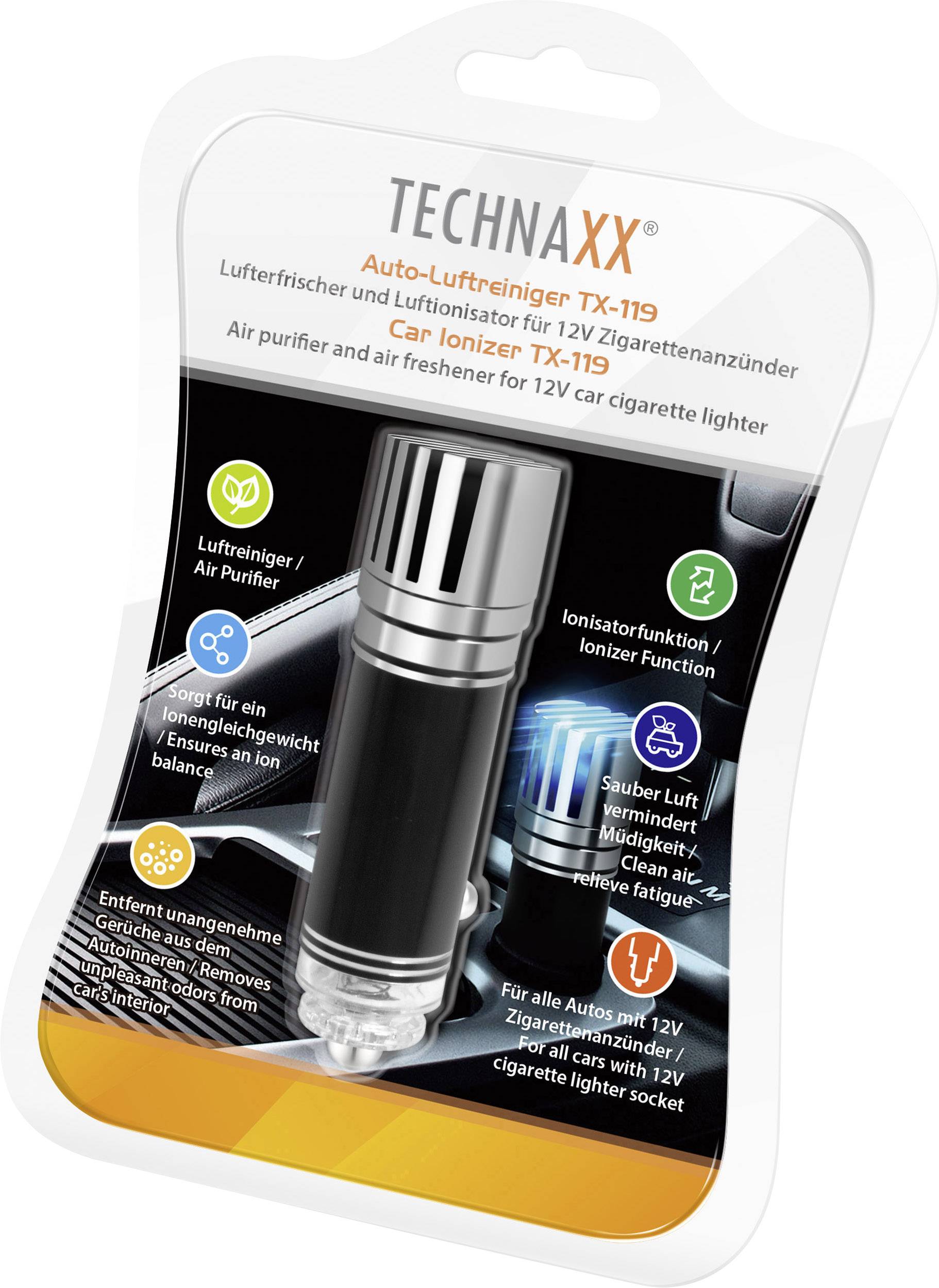 Verpackung eines Auto-Luftreinigers mit Ionisatorfunktion für den Zigarettenanzünder, Marke TECHNAXX, Modell TX-119.