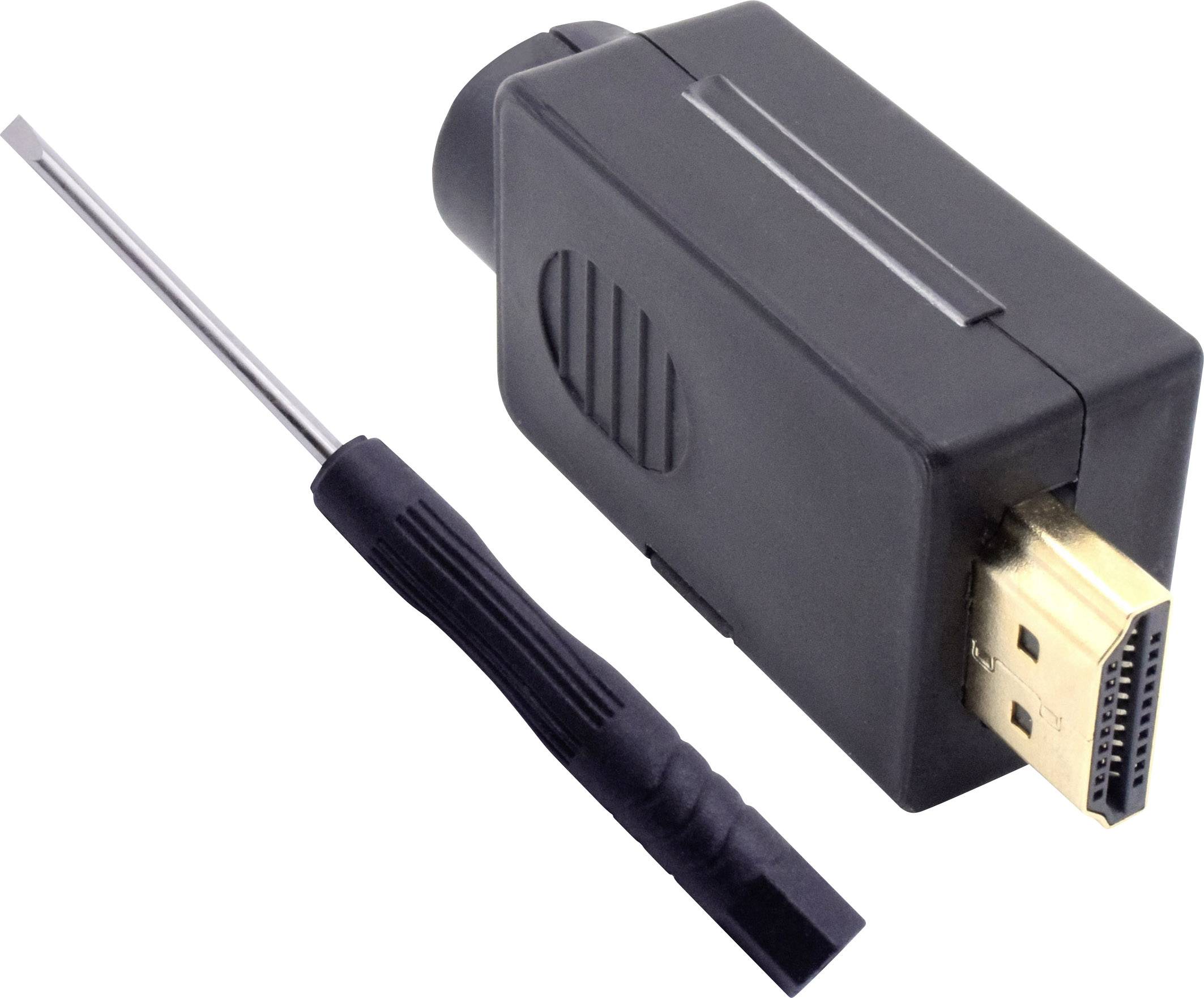 Ein schwarzer HDMI-Adapter mit einem schmalen Schraubendreher daneben. Der Adapter hat ein HDMI-Steckerende und eine breite Gehäuseform.