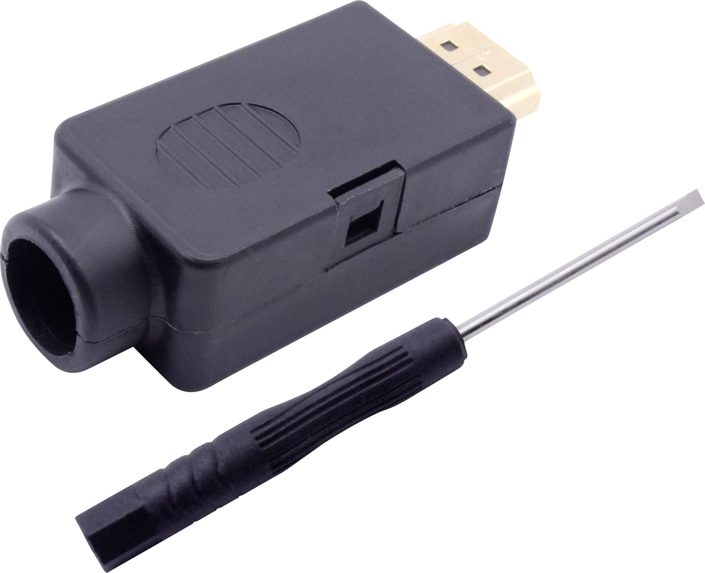 Schwarzer HDMI-Adapter mit Schraubenzieher, zur einfachen Verbindung von HDMI-Kabeln in elektronischen Geräten.