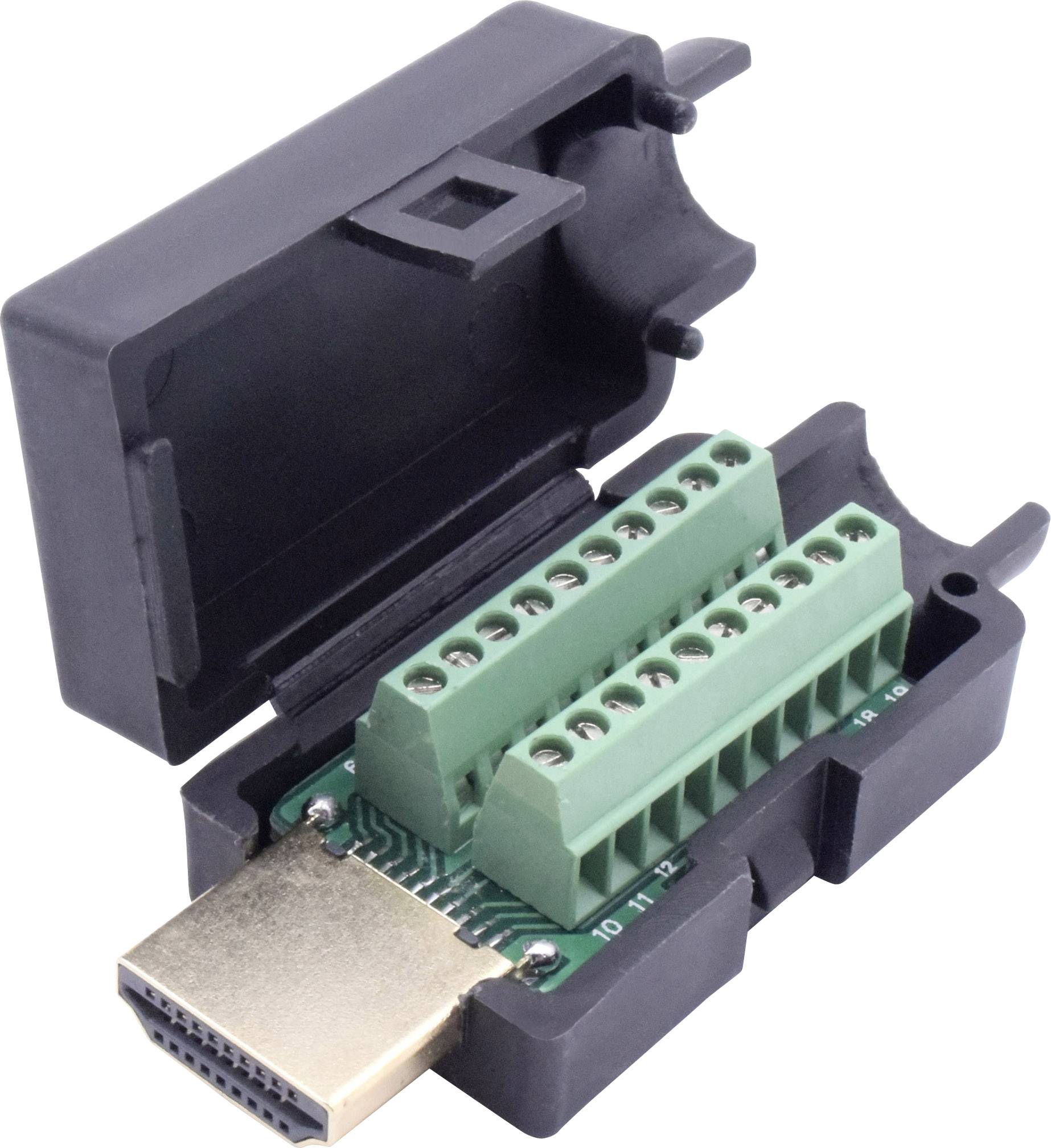Ein offener HDMI-Steckeradapter zeigt mehrere grüne Schraubklemmen zur Kabelbefestigung.