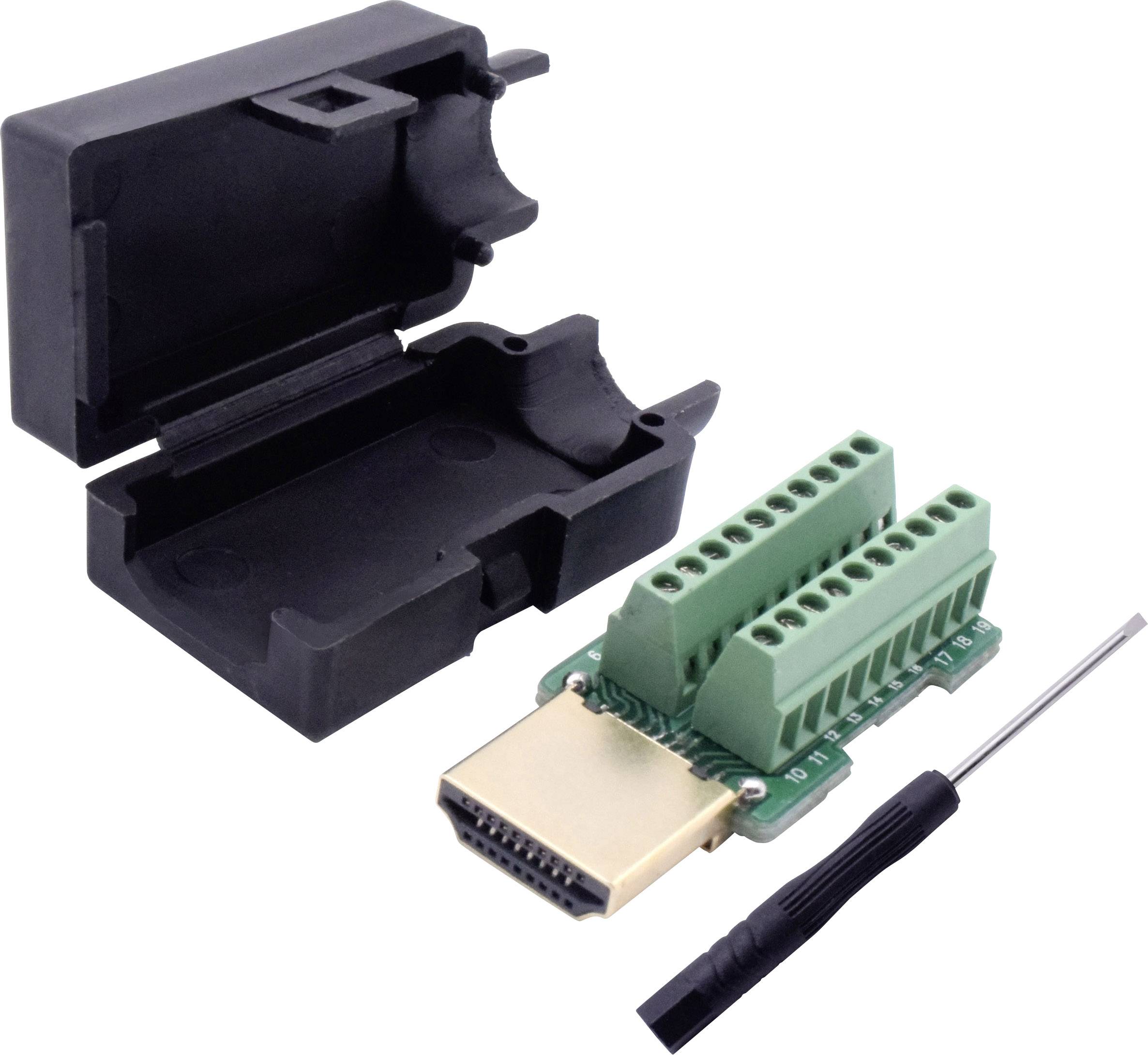 Ein HDMI-Adapter mit grünen Schraubklemmen für Kabelanschlüsse, daneben ein schwarzes Kunststoffgehäuse und ein kleiner Schraubendreher.