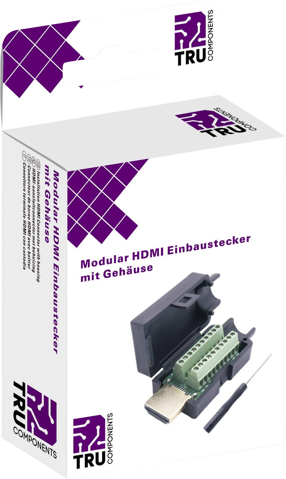 Verpackung eines modularen HDMI-Einbausteckers mit Gehäuse von TRU Components, Abbildung des Steckers und Text in Lila auf weißem Hintergrund.