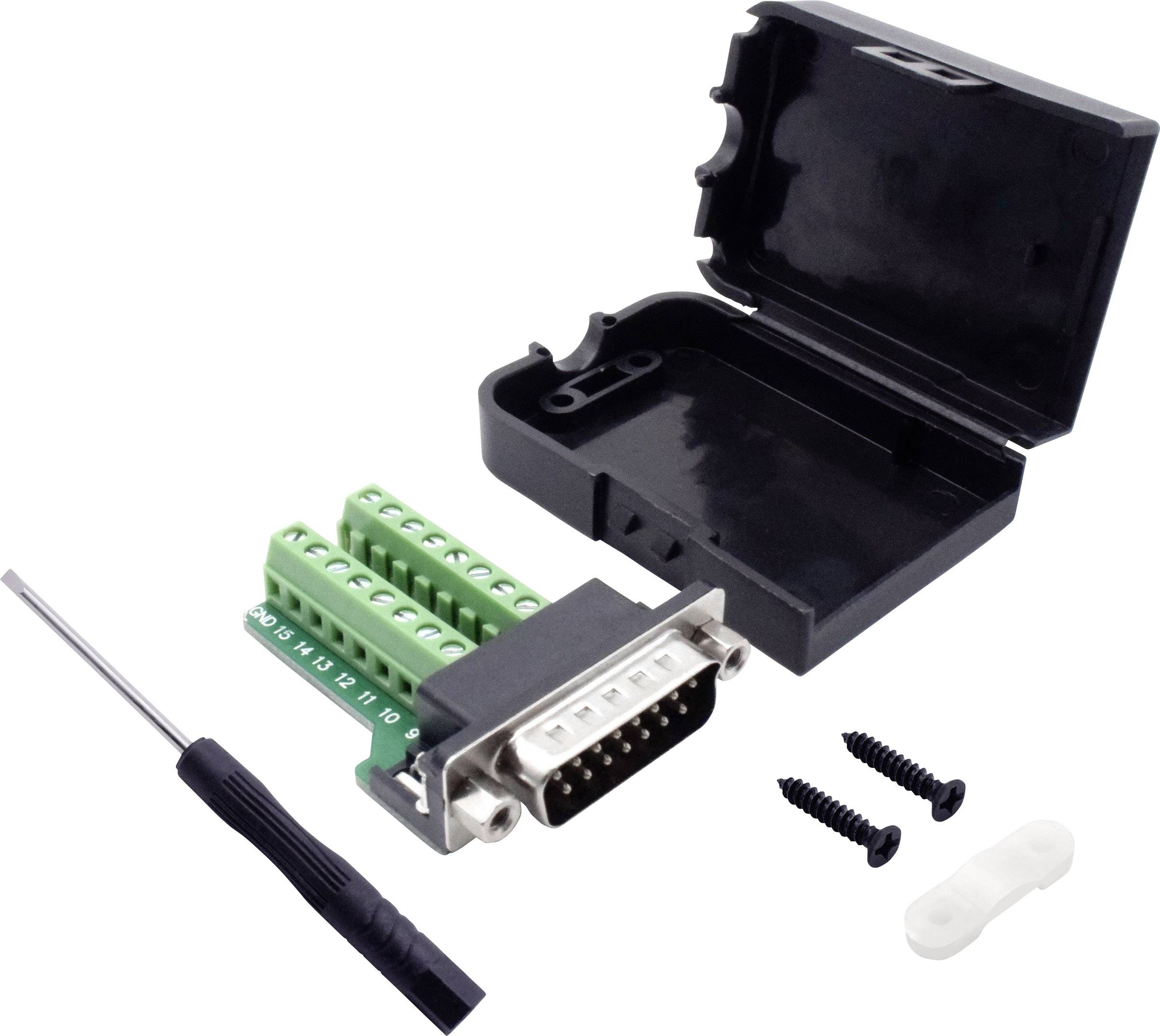 Ein offener DB9-Stecker mit Schraubklemmen und Gehäuse. Daneben liegen ein Schraubenzieher, zwei Schrauben und ein Kabelhalter.