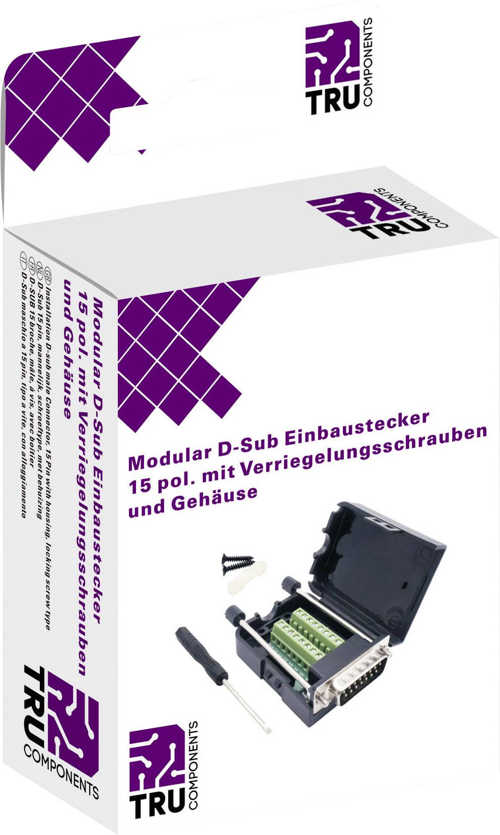 Verpackung einer modularen D-Sub-Einbaustecker mit 15 Polen, Verriegelungsschrauben und Gehäuse. Marke: Tru Components.