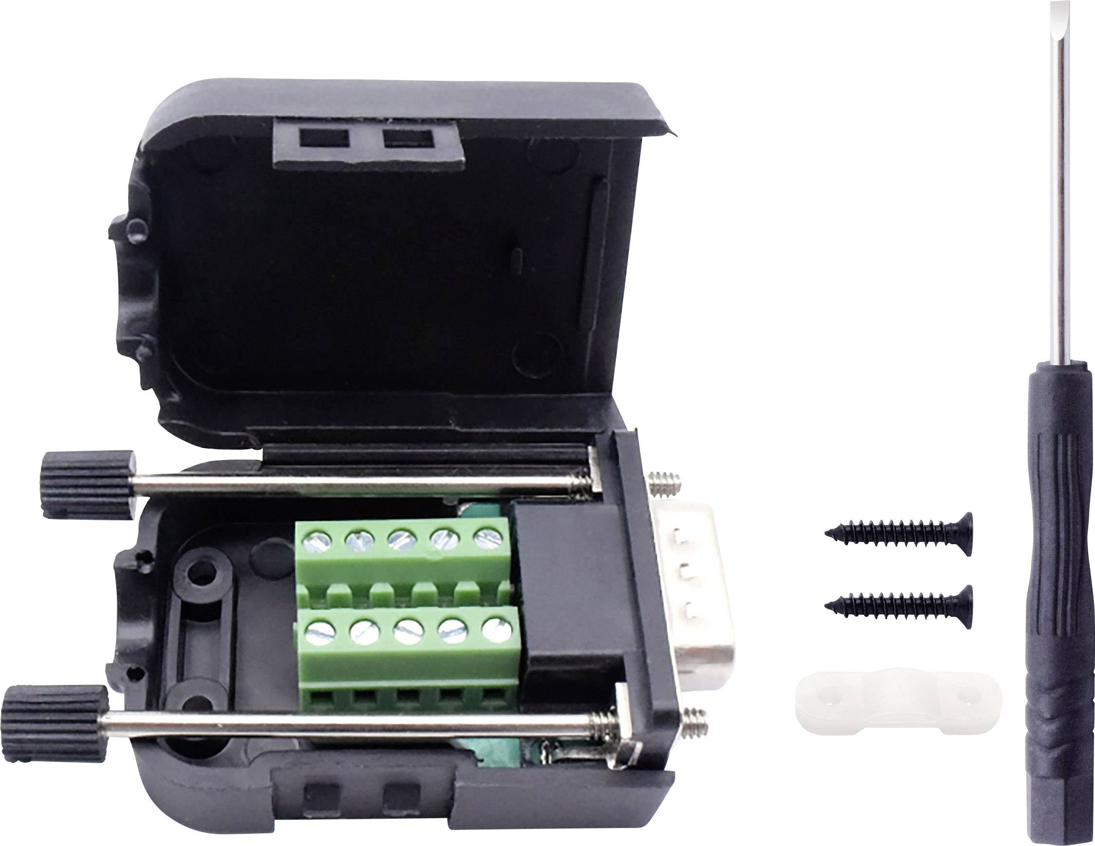 Offenes schwarzes Gehäuse mit DB9-Stecker, grüner Terminalblock im Inneren. Daneben ein Schraubenzieher und zwei Schrauben.
