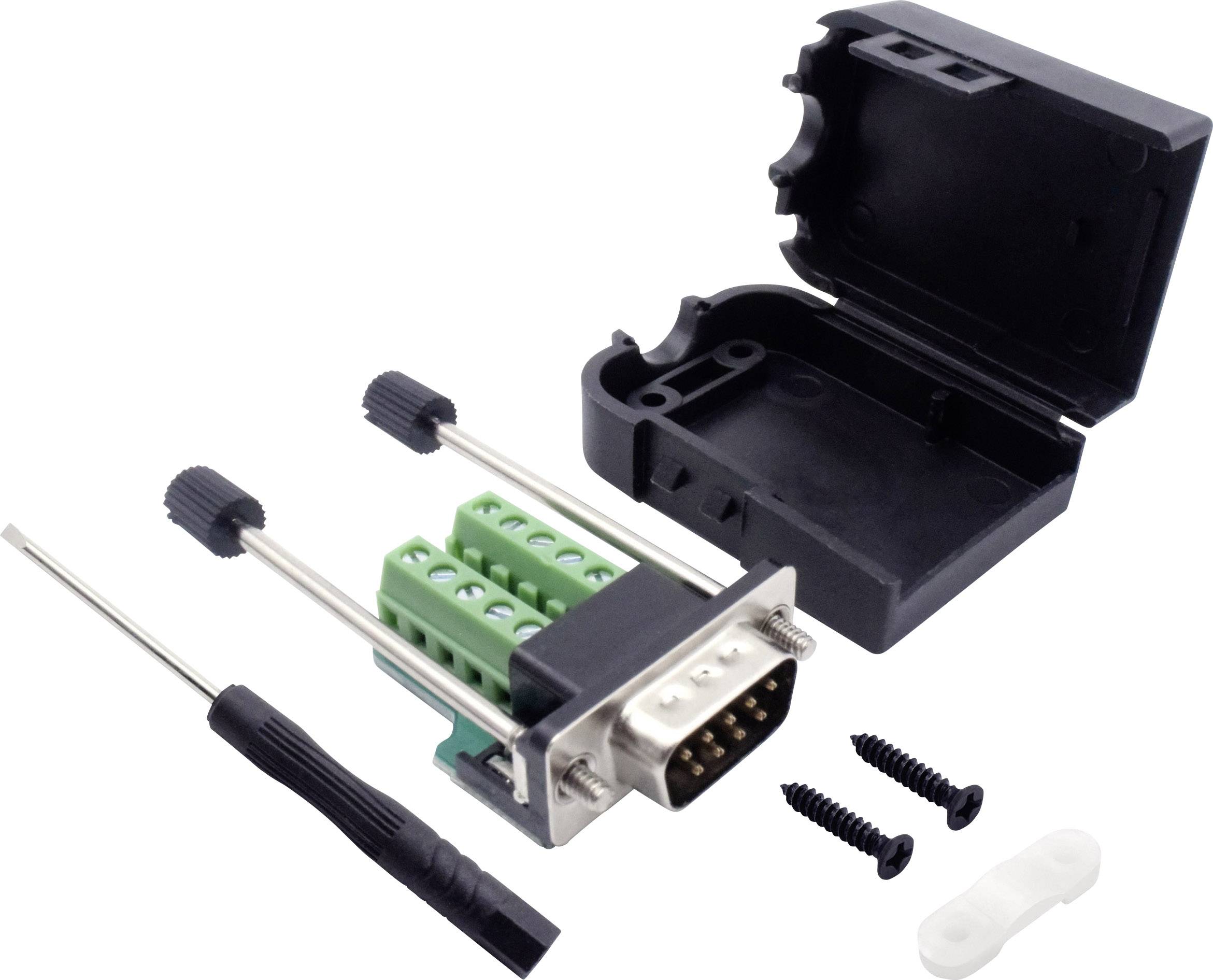 Anschlussstecker-Kit mit Schraubklemmen, Abdeckung, Schrauben und Schraubendreher. Geeignet für serielle DB9-Verbindungen.