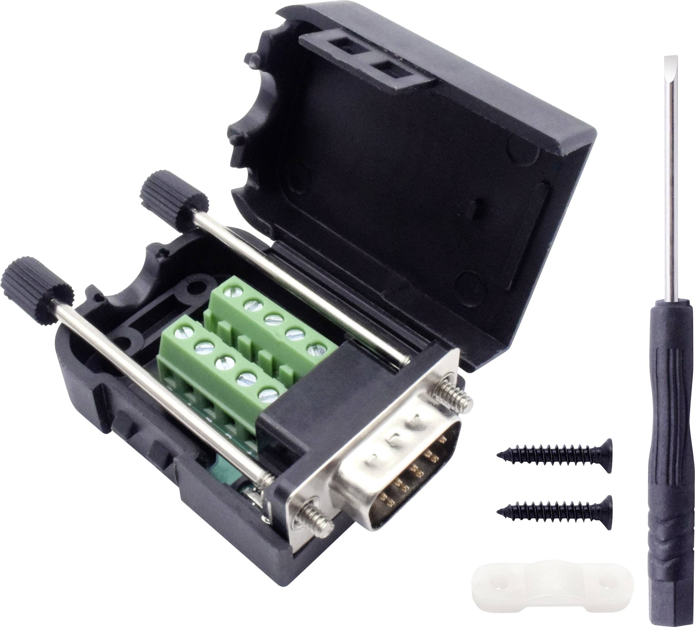 DB9-Stecker-Kit mit offenem Gehäuse, grünen Anschlussklemmen, zwei schwarzen Schrauben, einem Kunststoffclip und einem Schraubendreher.