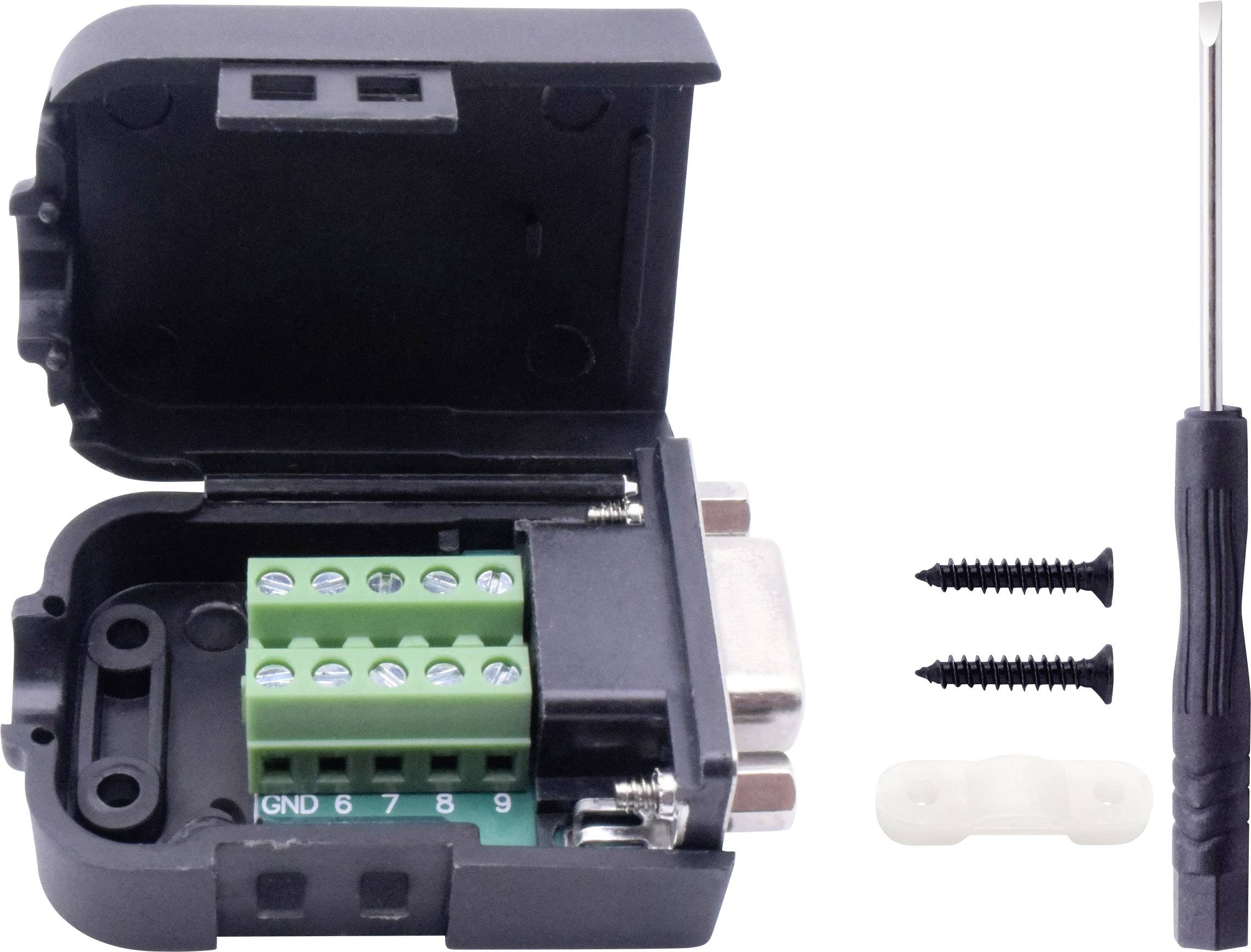 Ein offener schwarzer Adapter mit grünem Terminalblock und metallischen Anschlüssen. Daneben liegen ein Schraubenzieher und zwei Schrauben.