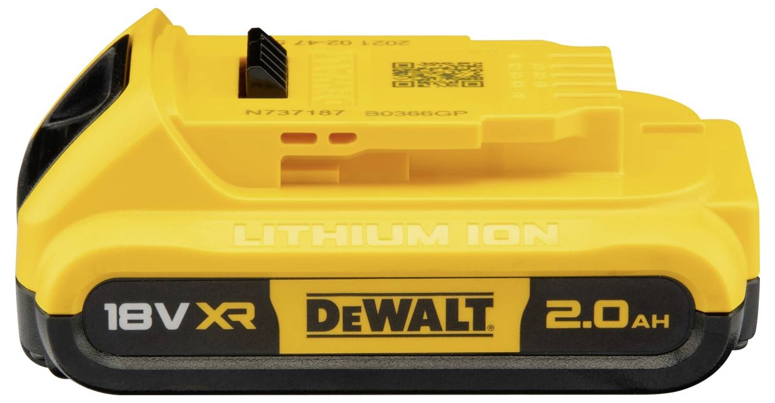Akkupack eines Werkzeugs mit gelbem Gehäuse, Marke 'DeWalt', 18 Volt XR, 2,0 Ah Lithium-Ionen-Technologie.