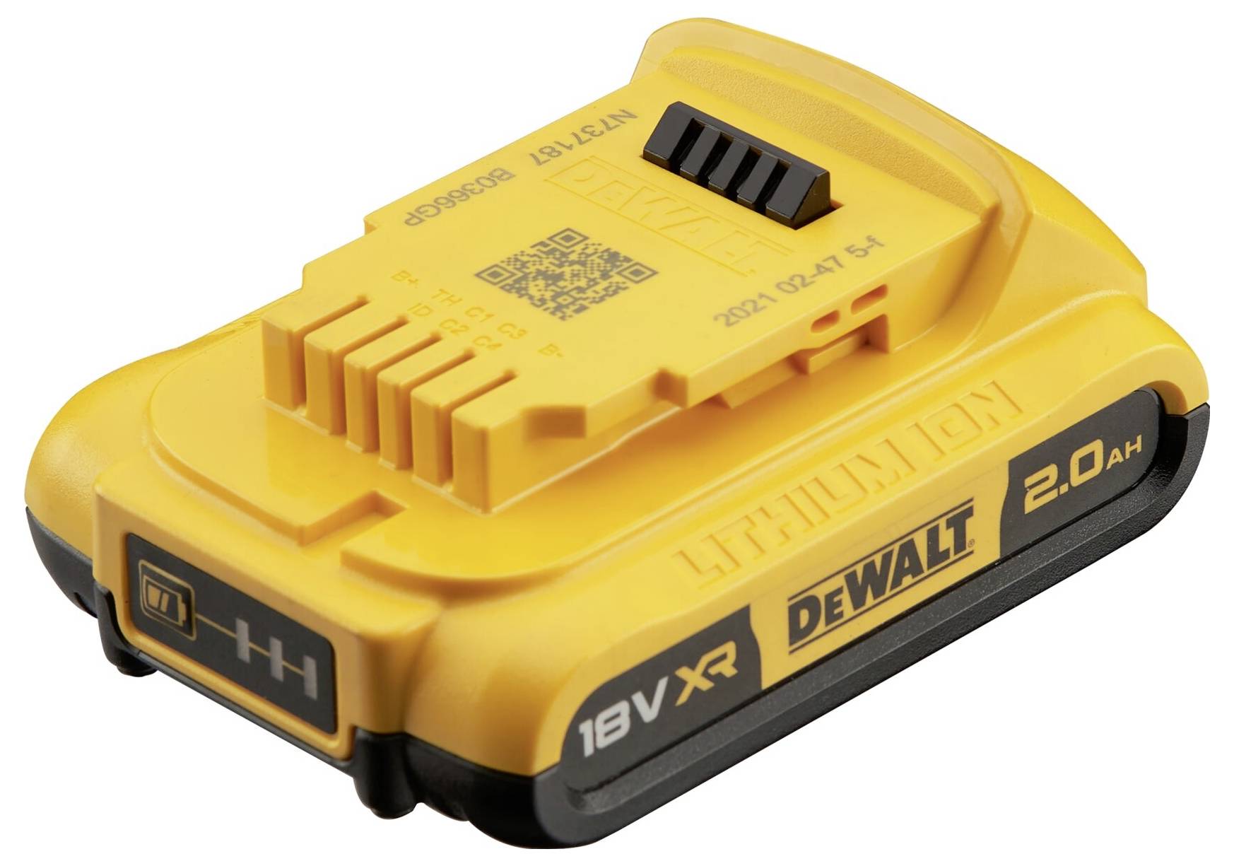 Ein gelber DEWALT Lithium-Ionen-Akku mit 18V und 2,0 Ah Kapazität, mit schwarzem Aufdruck und QR-Code auf der Oberseite.