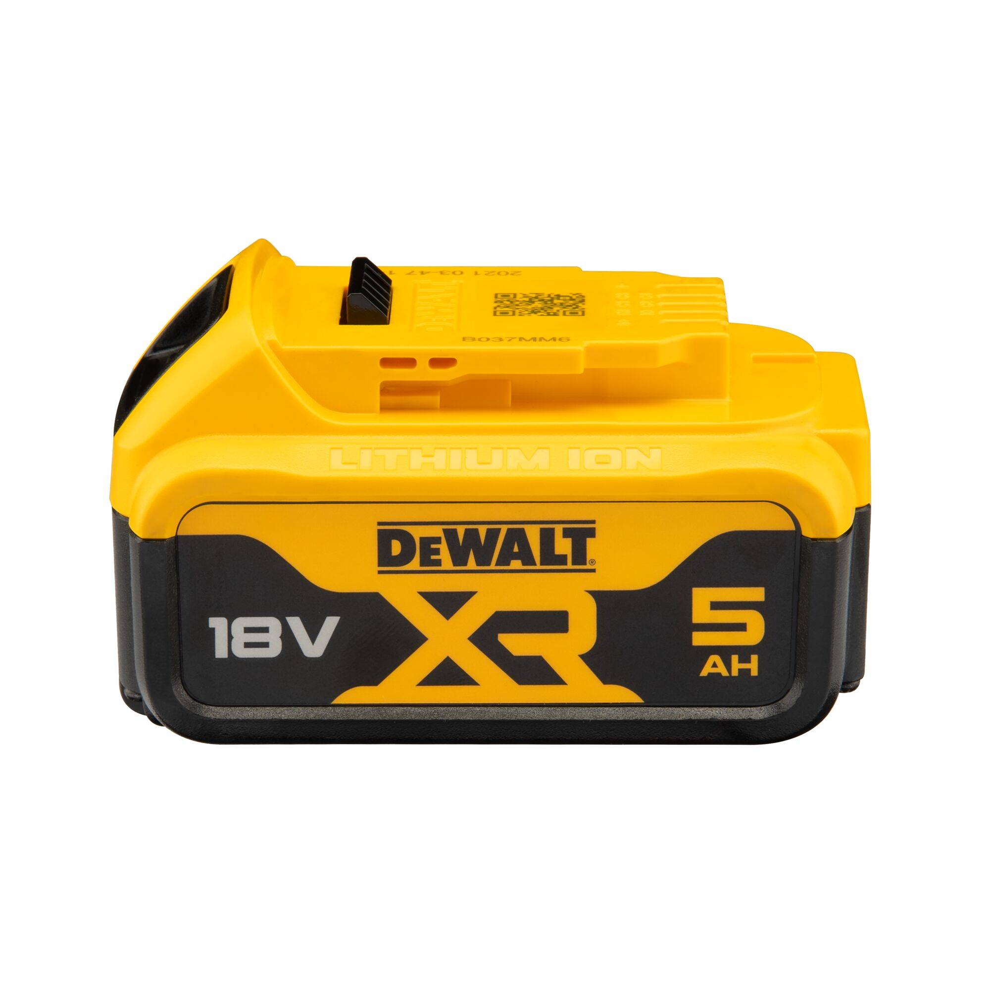 Gelber DeWalt 18V XR 5Ah Lithium-Ionen-Akku, rechteckige Form, schwarze Akzente, für Werkzeuge konzipiert.