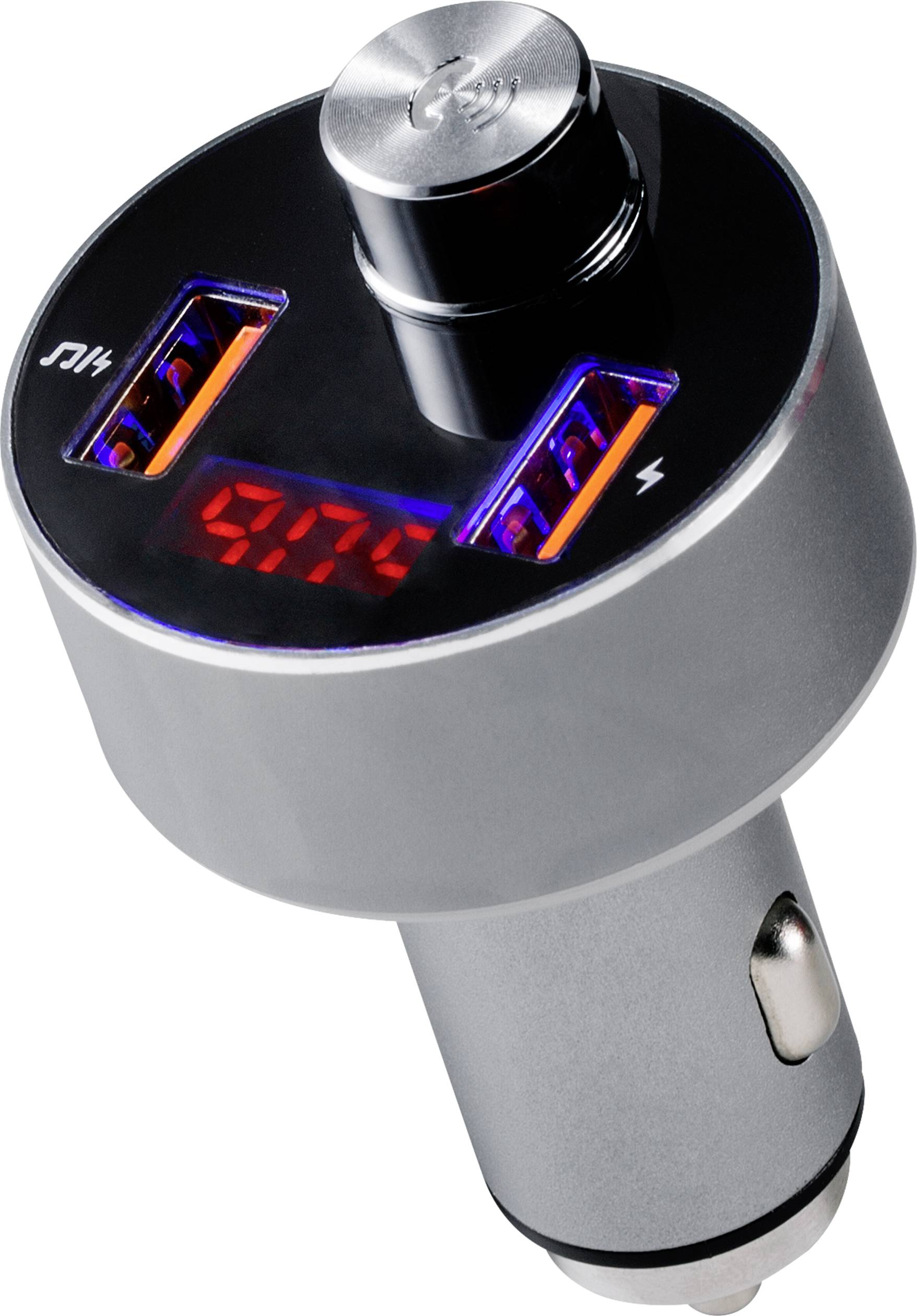 Ein silbernes USB-Ladegerät für das Auto mit zwei USB-Anschlüssen und leuchtender digitaler Anzeige.