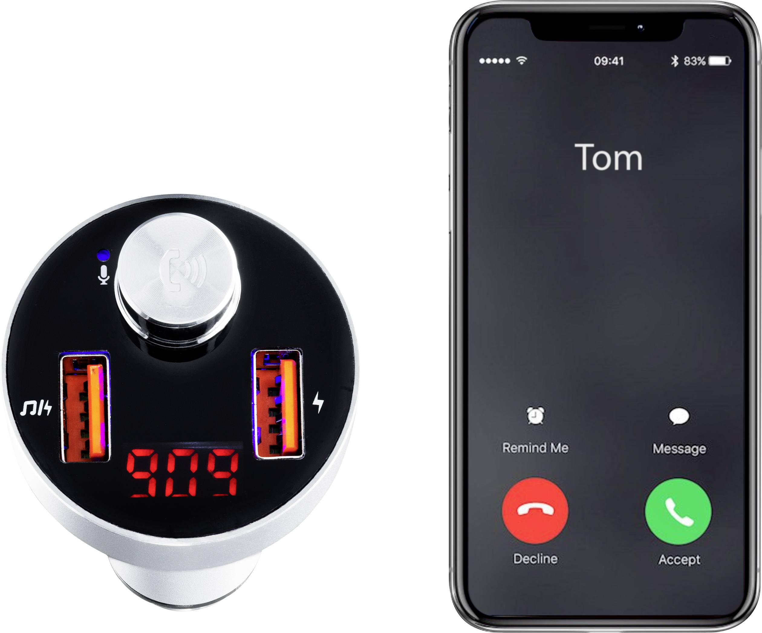 Ein Autoadapter zeigt '9.0' und hat zwei USB-Anschlüsse. Daneben ein Smartphone mit eingehendem Anruf von 'Tom'.