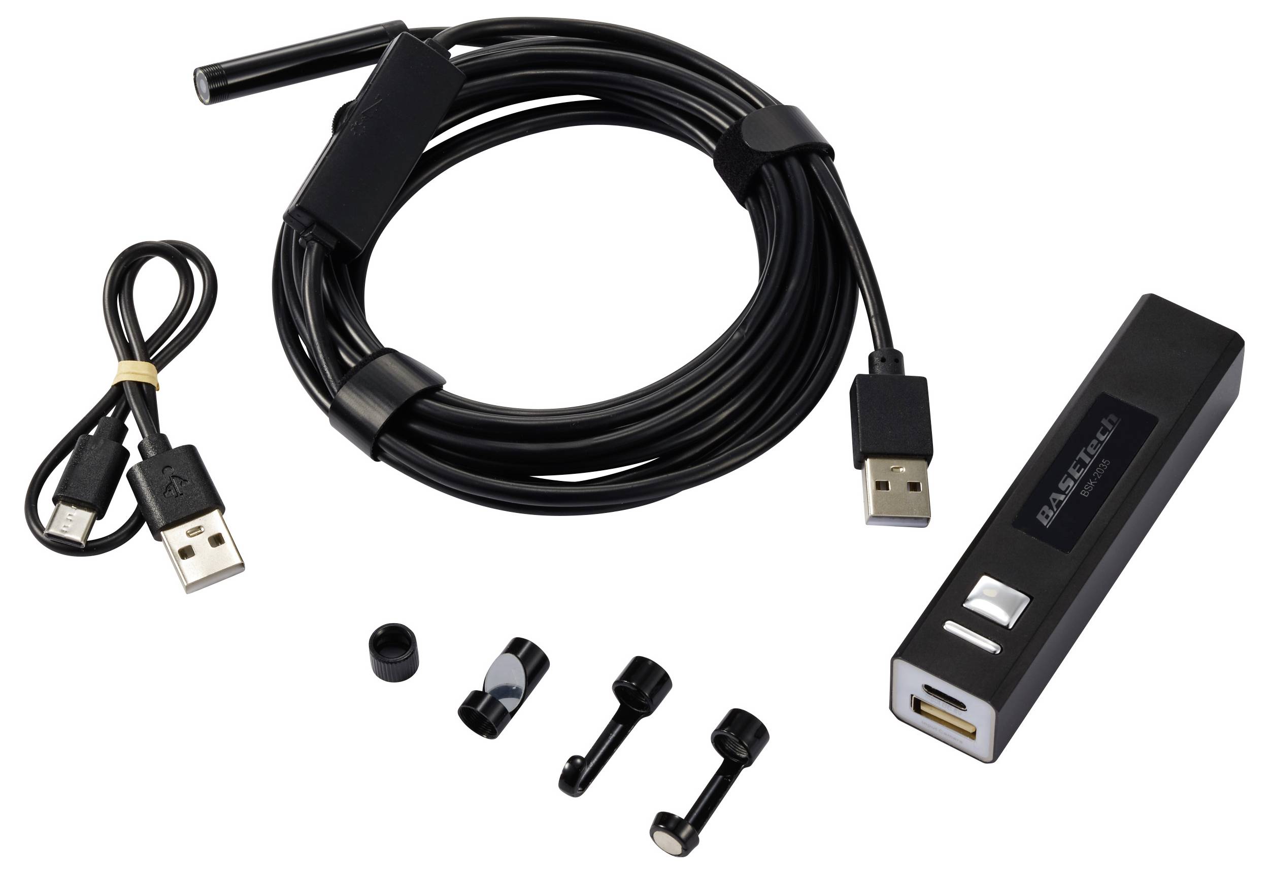 Endoskopkamera mit langem Kabel, USB-Anschluss und Zubehör. Ideal für Inspektionen an schwer zugänglichen Stellen.