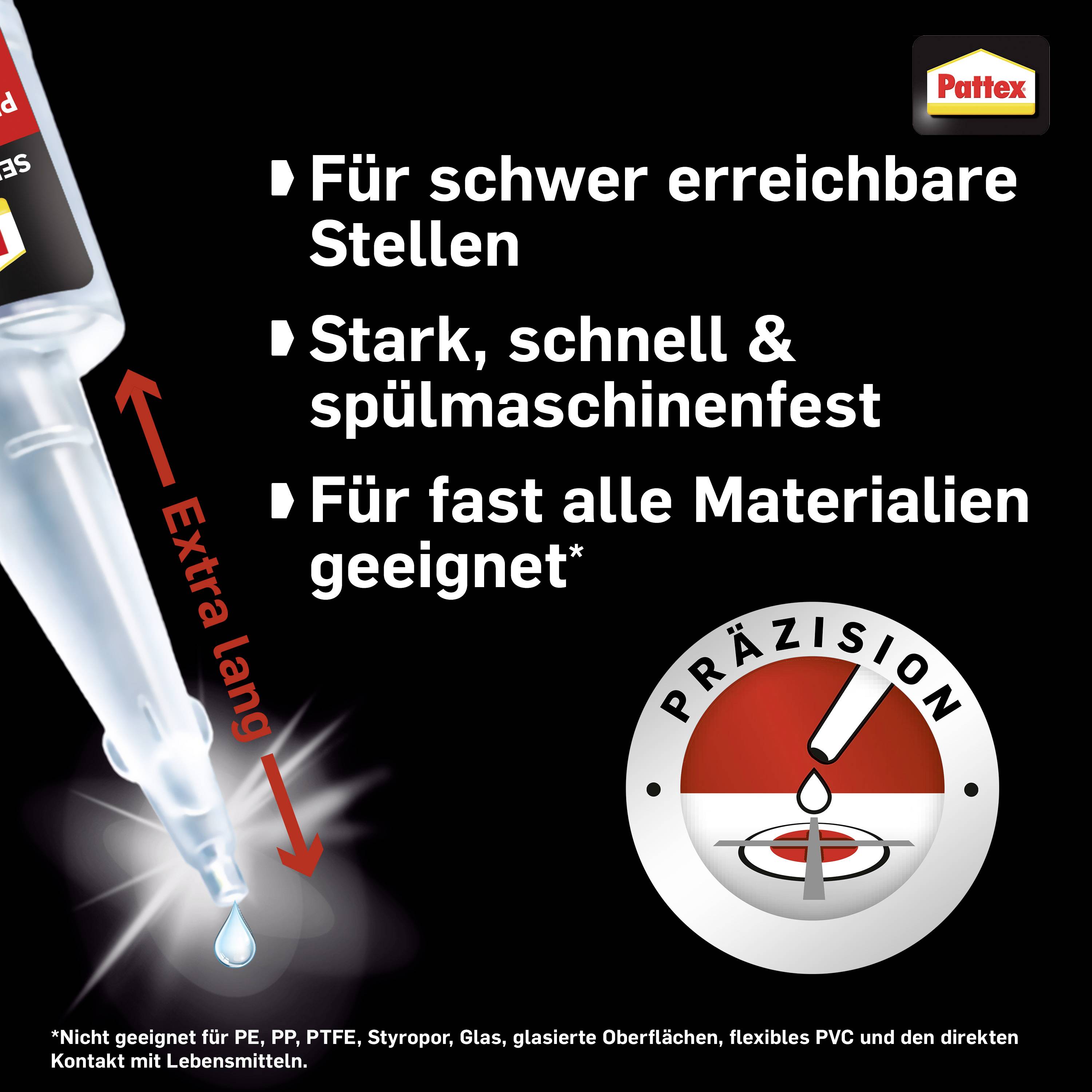 Eine Nahaufnahme eines Pattex Präzisions-Klebers mit langer Spitze. Text beschreibt Anwendungsdetails: 'Für schwierig erreichbare Stellen', 'Stark, spülmaschinenfest', 'Geeignet für fast alle Materialien'.