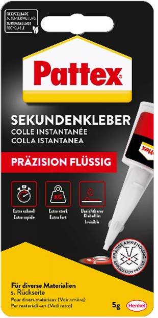 Packung von Pattex Kleber beschriftet mit ‚Sekundenkleber', ‚Präzision Flüssig', geeignet für verschiedene Materialien. Funktionen umfassen präzise Anwendung und starke Haftung.