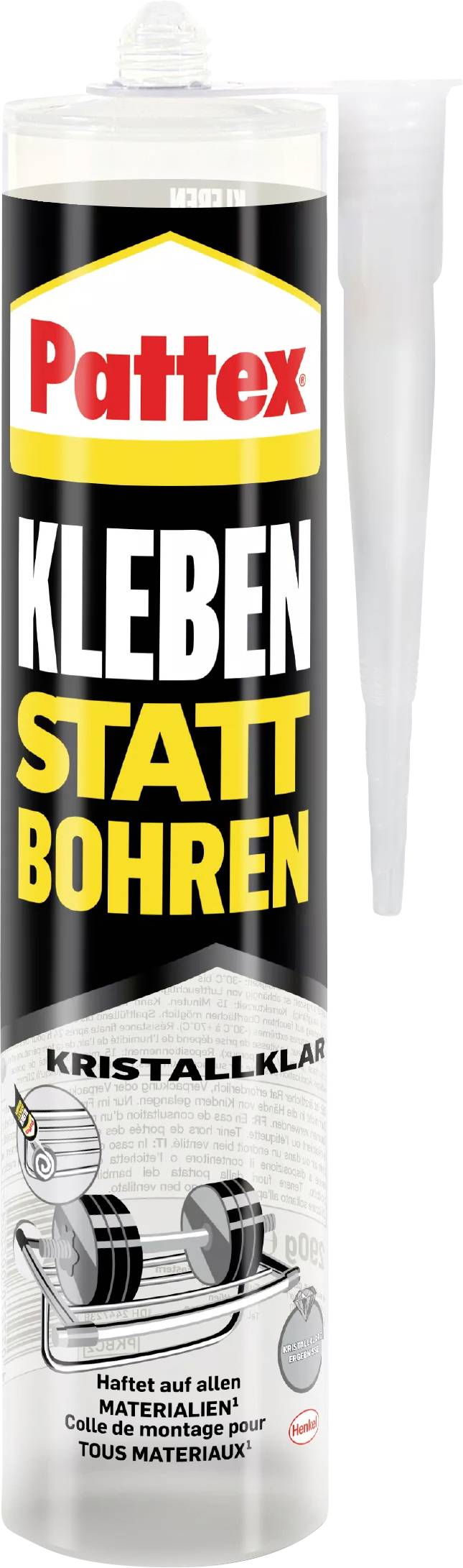Eine Kartusche Pattex-Kleber mit der Aufschrift 'Kleben statt Bohren', 'Kristallklar'. Geeignet für alle Materialien.