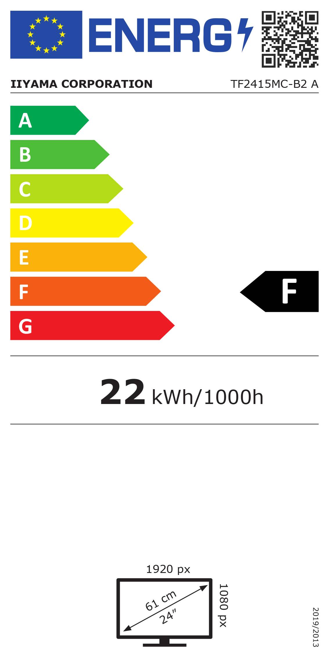 'Energieeffizienzklasse F' auf einem EU-Energielabel für IIYAMA-Monitor, Energieverbrauch: 22 kWh/1000h, Bildschirmgröße: 61 cm (24 Zoll).