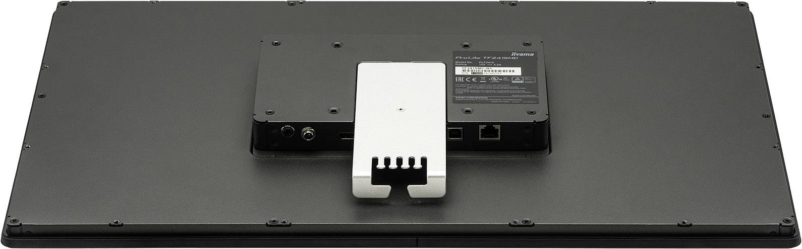Rückseite eines Monitors mit sichtbaren Anschlüssen und Halterungsschiene in der Mitte.