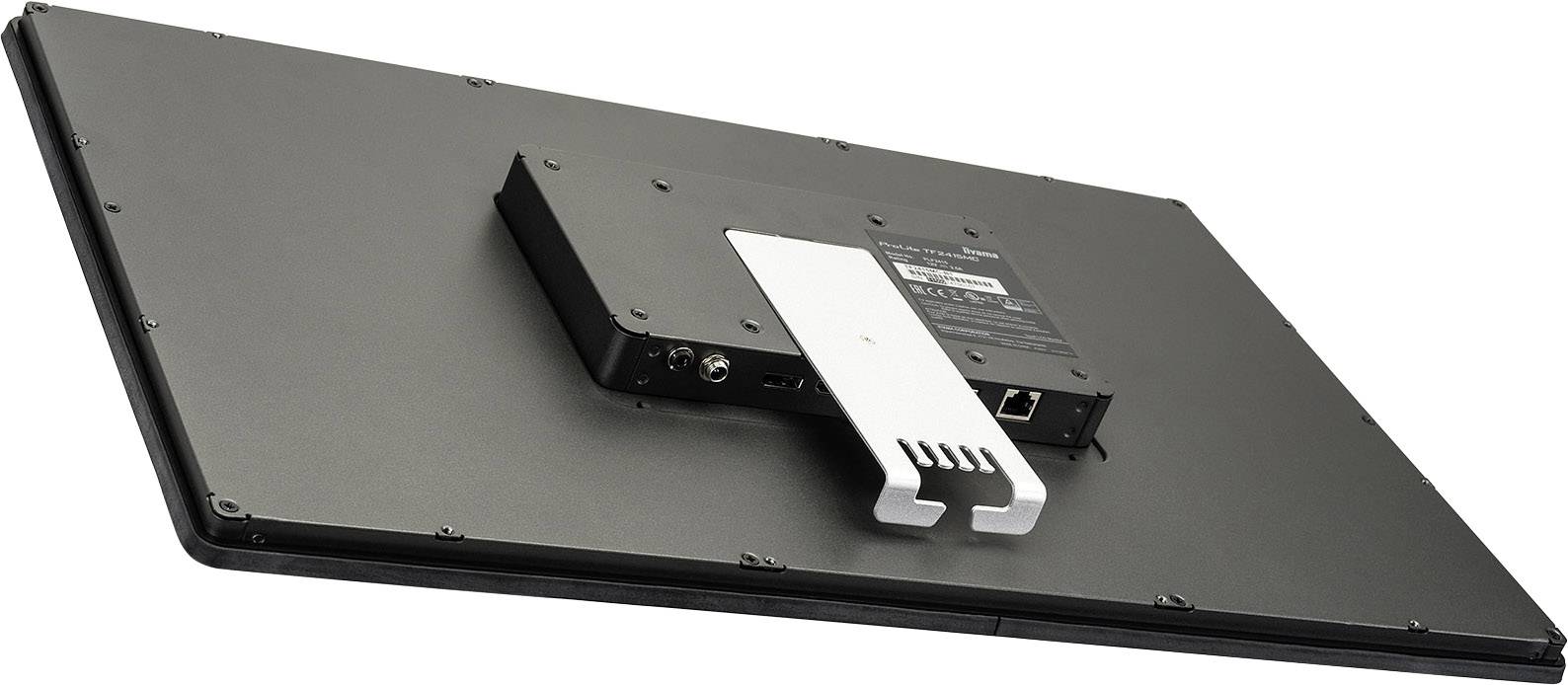 Rückseite eines flachen Monitors mit VESA-Halterung und Kabelanschlüssen, einschließlich Ethernet-Port und Stromanschluss.