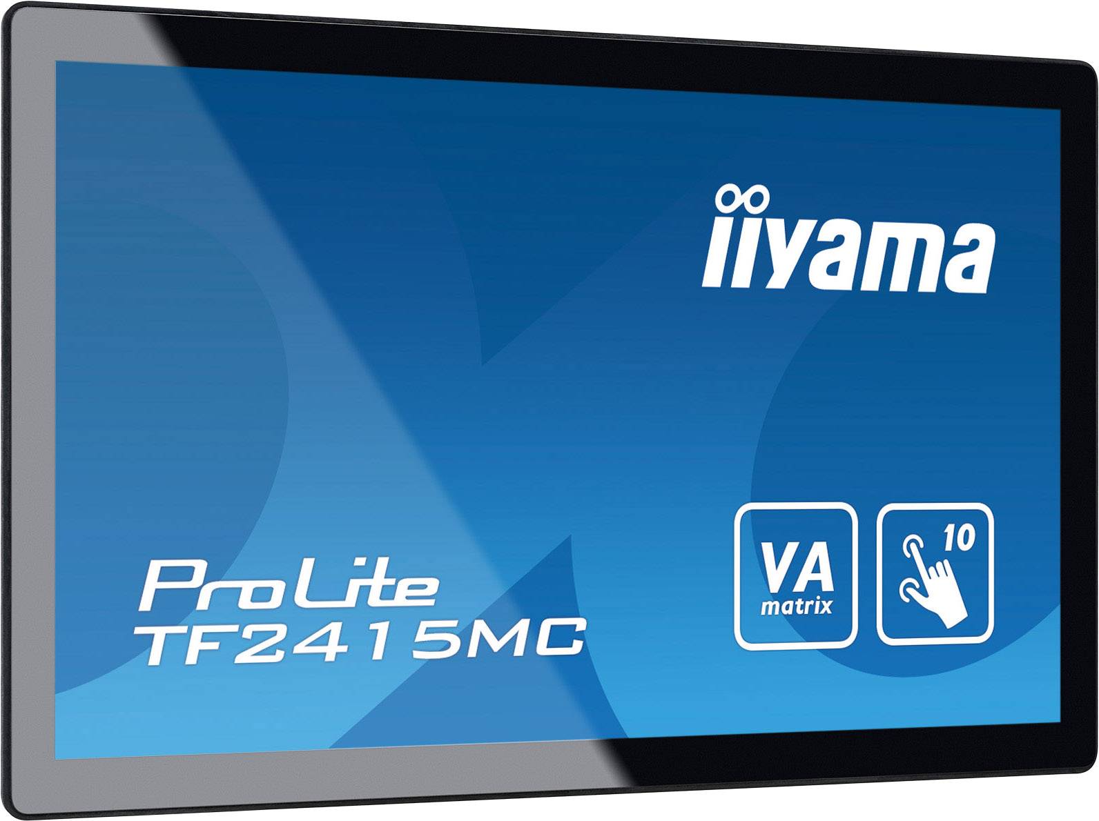 'Iiyama ProLite TF2415MC' Monitor, blauer Hintergrund mit Logos für VA-Matrix und 10-Punkt-Touchscreen auf dem Display.