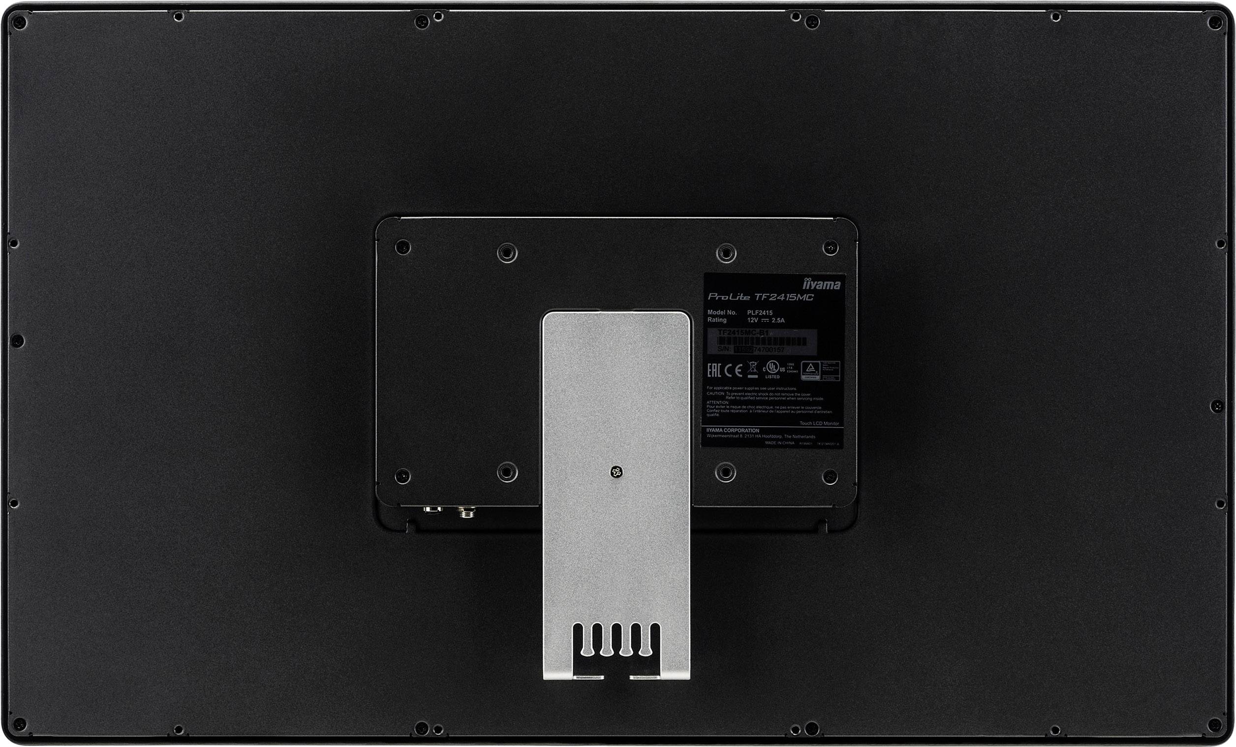 Rückseite eines schwarzen Monitors mit silberner Halterung und Typenschild.