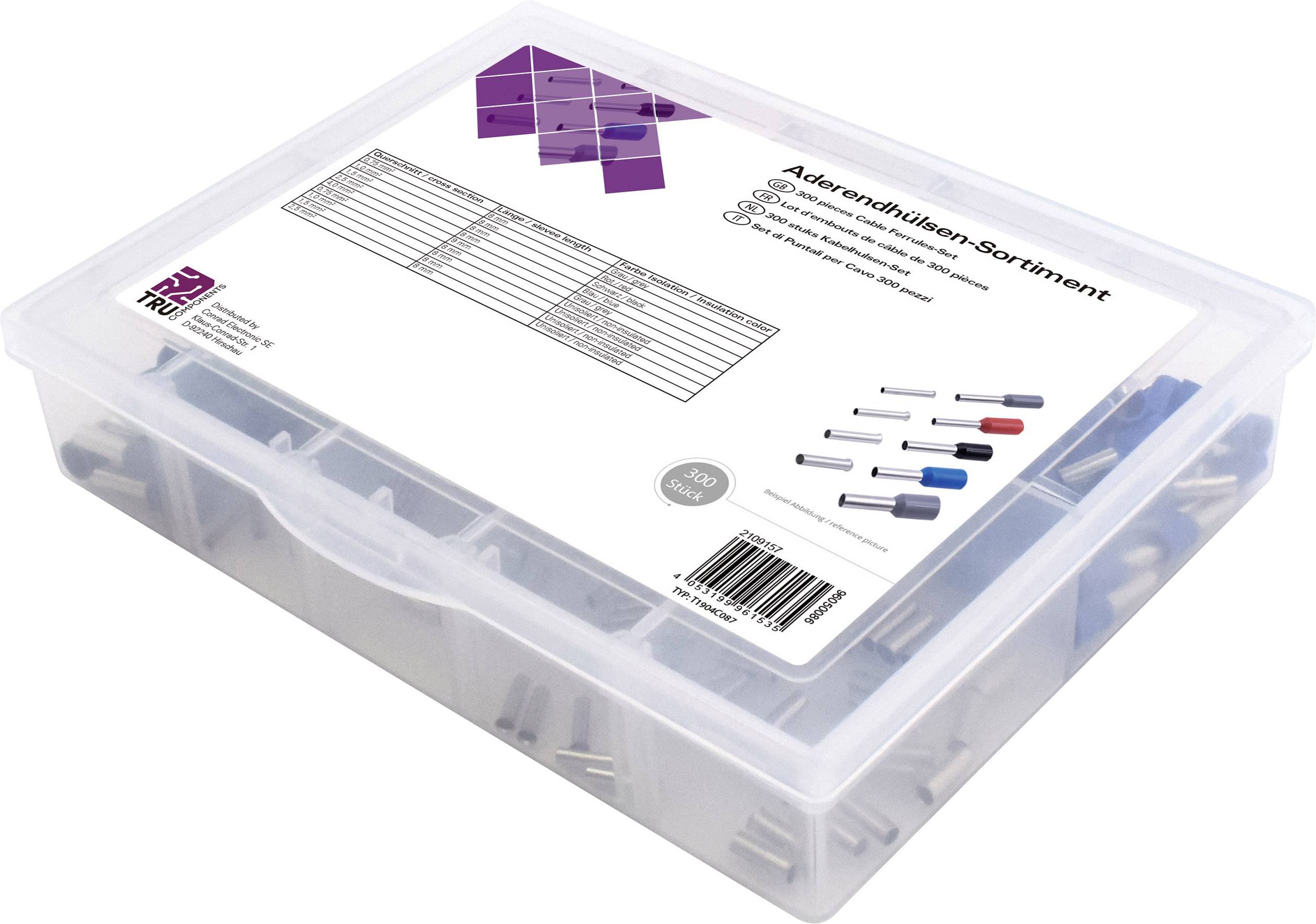 Transparente Plastikbox mit Aderendhülsen-Sortiment. Das Etikett zeigt Informationen über Größen und Farben der Hülsen.
