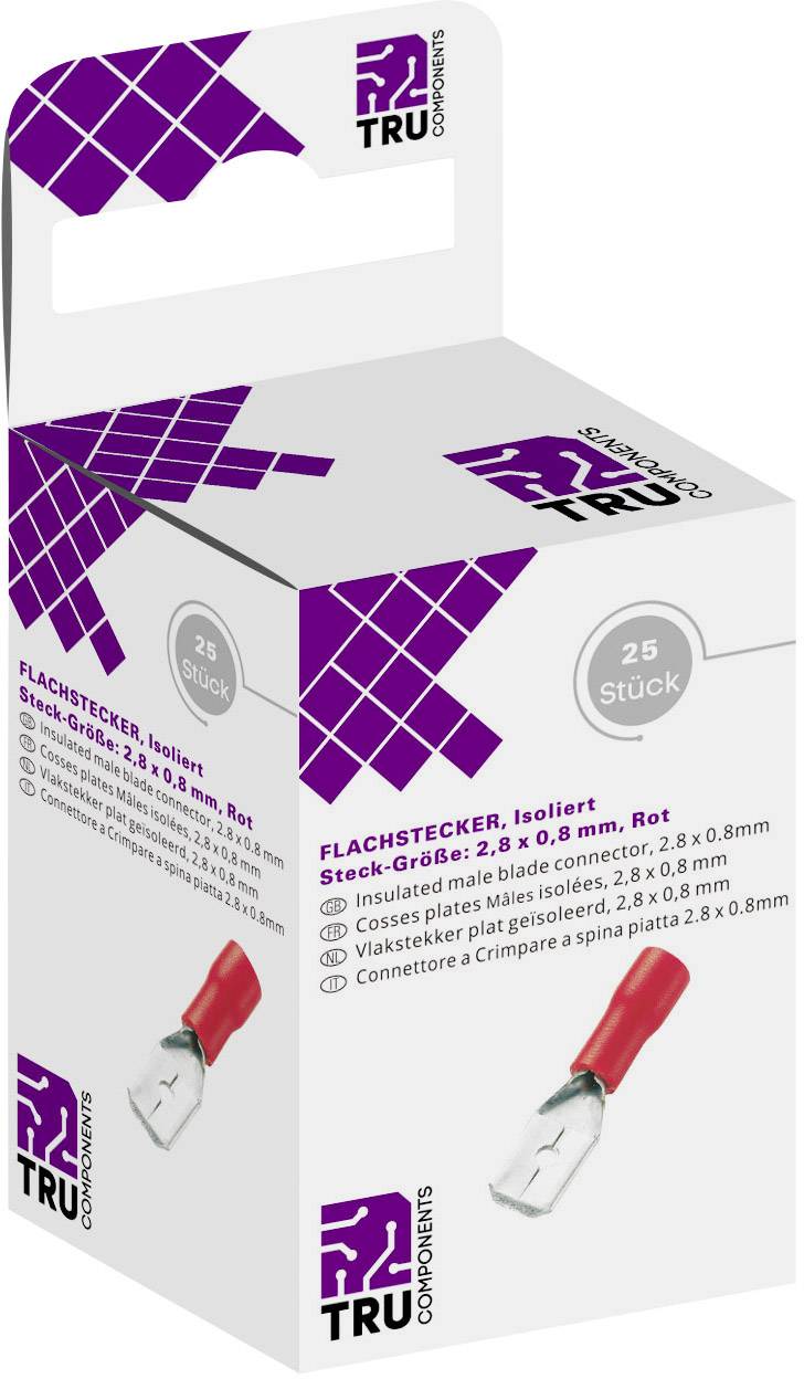 Verpackung von 25 isolierten Flachsteckern in Rot, Größe 2,8 x 0,8 mm, von TRU Components.