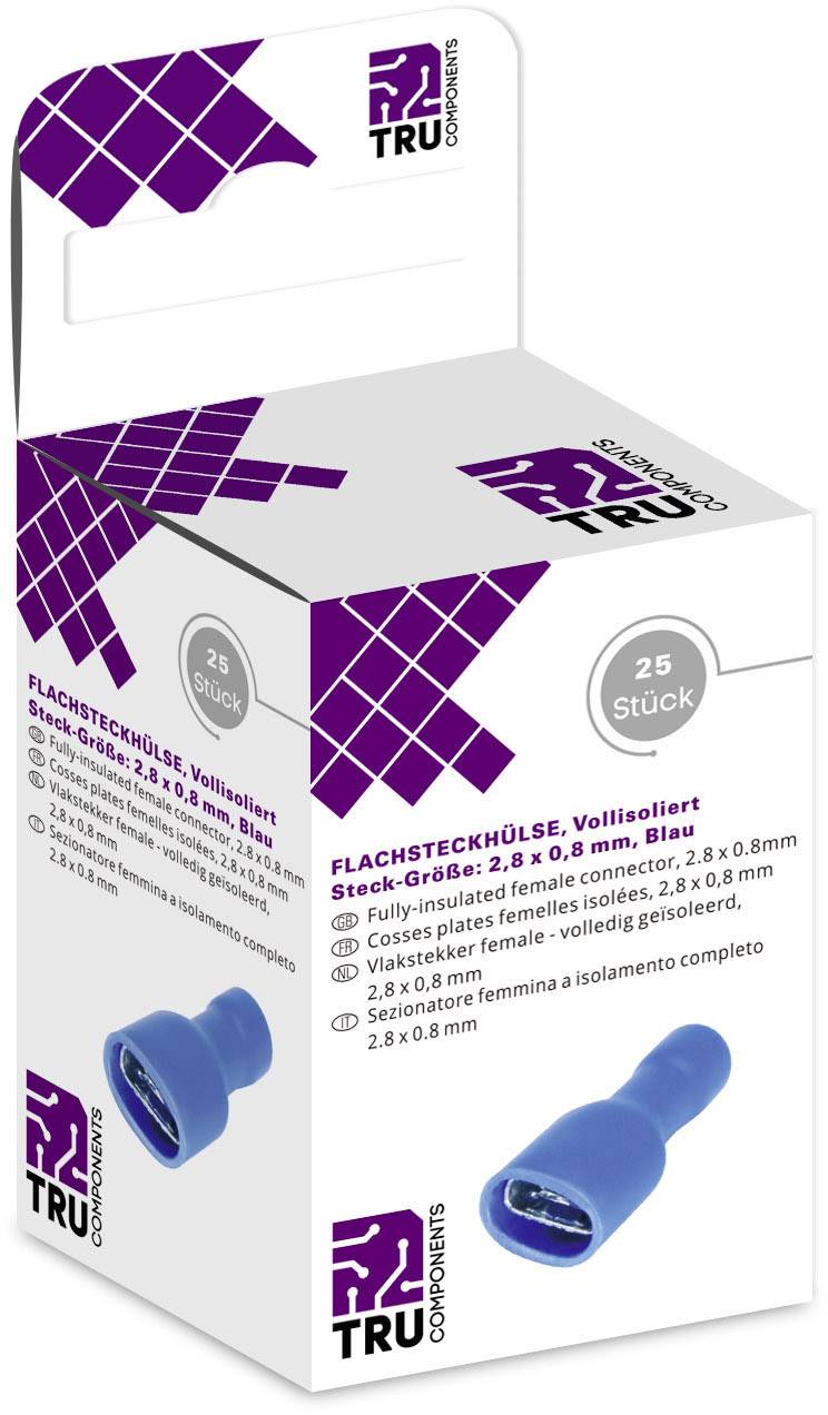 Verpackung einer vollisolierten Flachsteckhülse, Größe 2,8 x 0,8 mm, blau, 25 Stück.