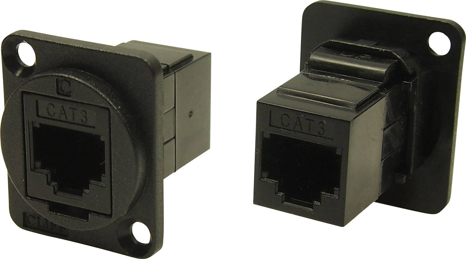 Zwei schwarze RJ45-Buchsenadapter der Kategorie 3, einer montiert, der andere freistehend.