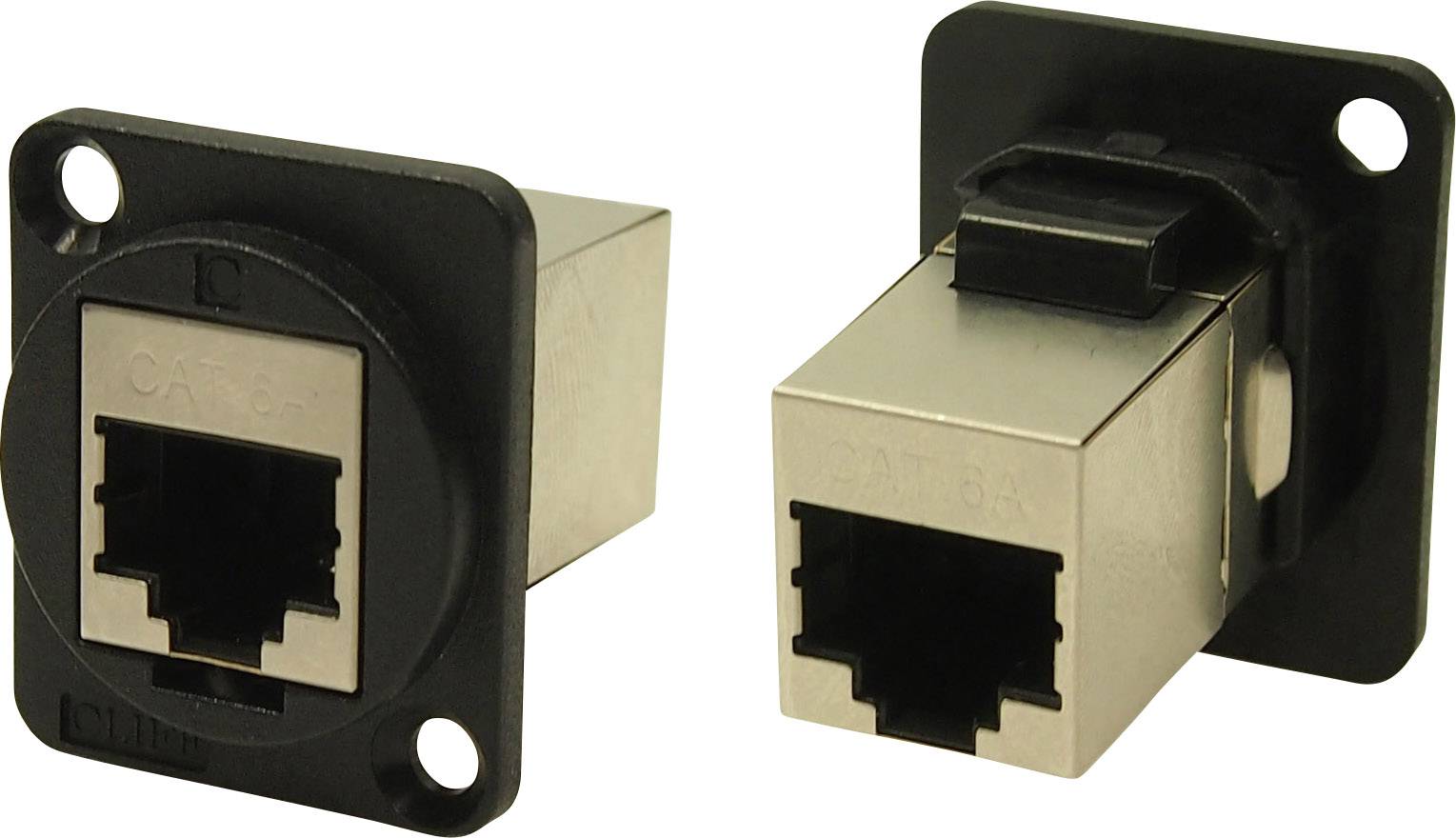 Zwei Metall-Netzwerkbuchsen, jeweils mit schwarzer Blende. Beide sind für die Wandmontage geeignet und zeigen RJ45-Anschlüsse.