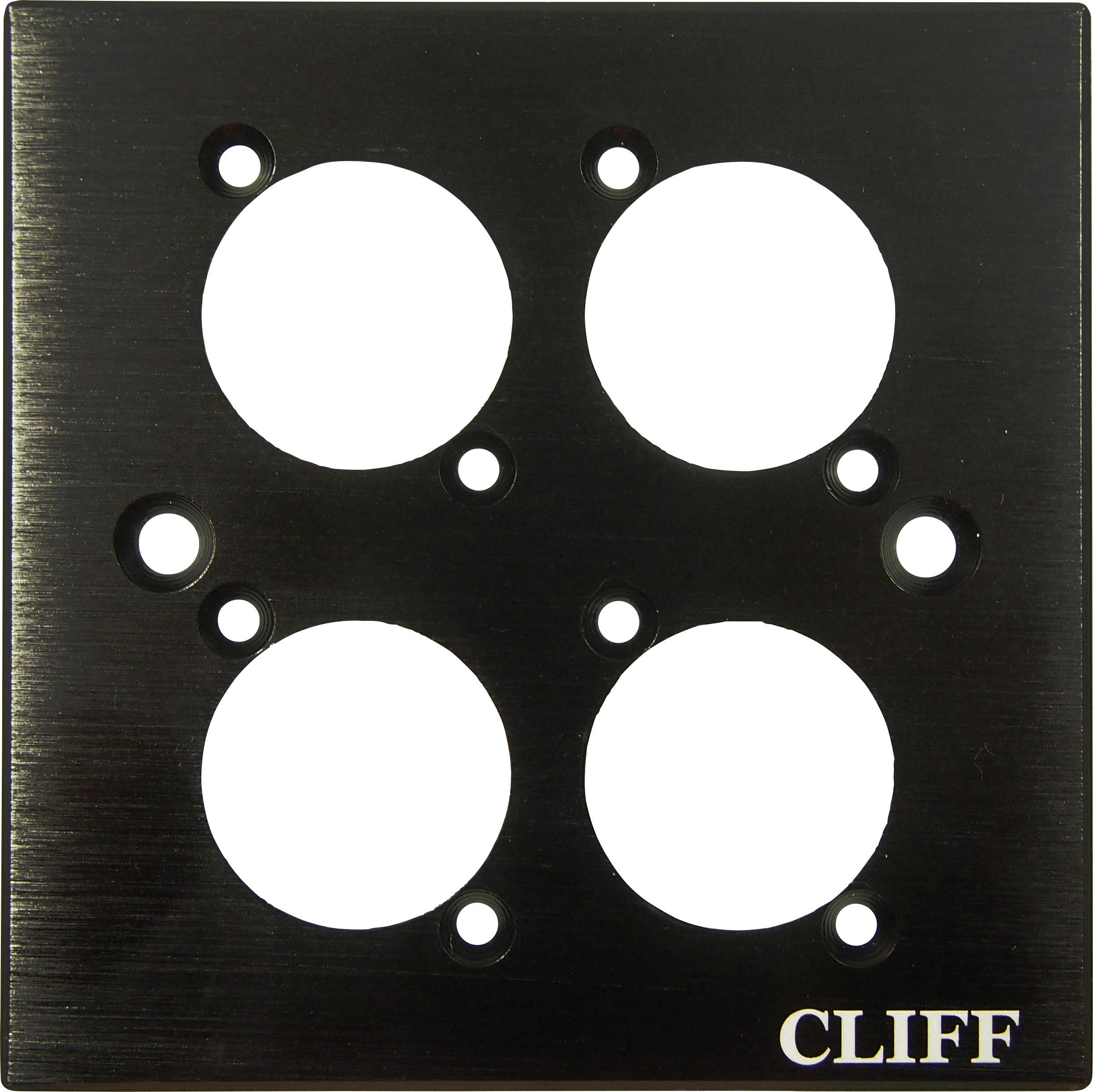 Metallplatte mit vier gleichmäßig verteilten Löchern, geeignet zur Montage von Komponenten. Oben klein eingraviert: 'CLIFF'.