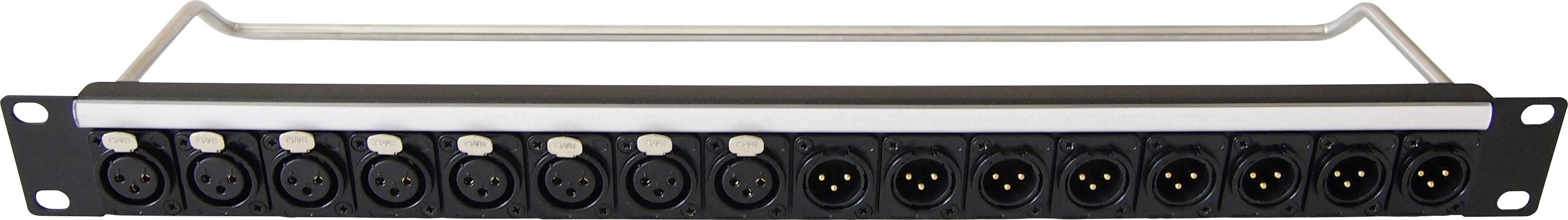 Ein schwarzes Rack-Montagefeld mit zwölf XLR-Anschlüssen in einer Reihe.