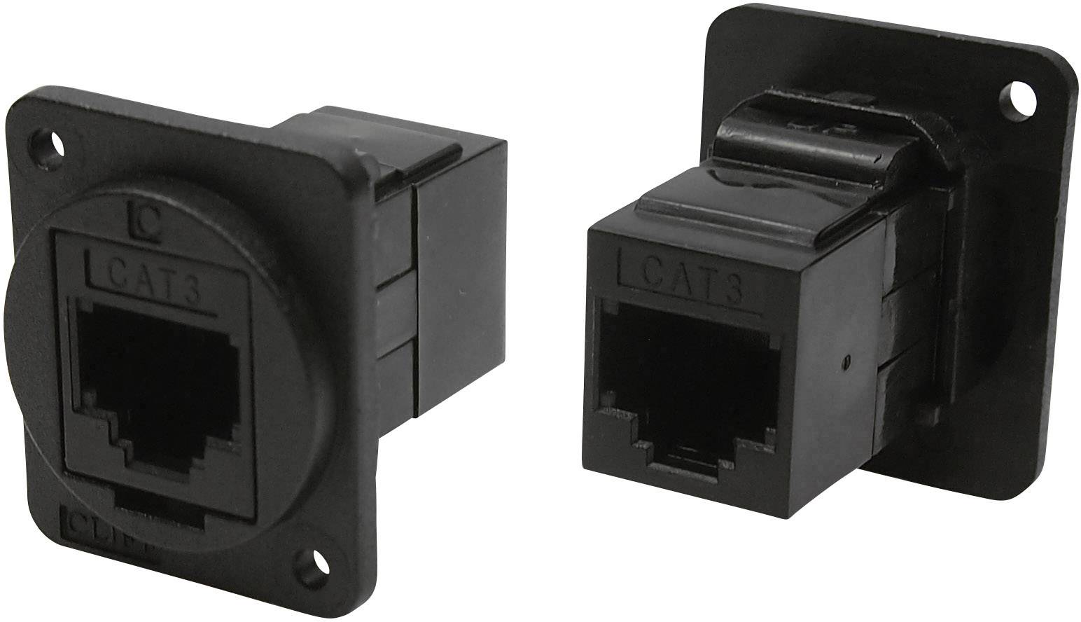 Zwei schwarze RJ45-Netzwerkbuchsen, eine mit Montageplatte. Beide sind quadratisch und haben Aufschriften 'CAT3'.