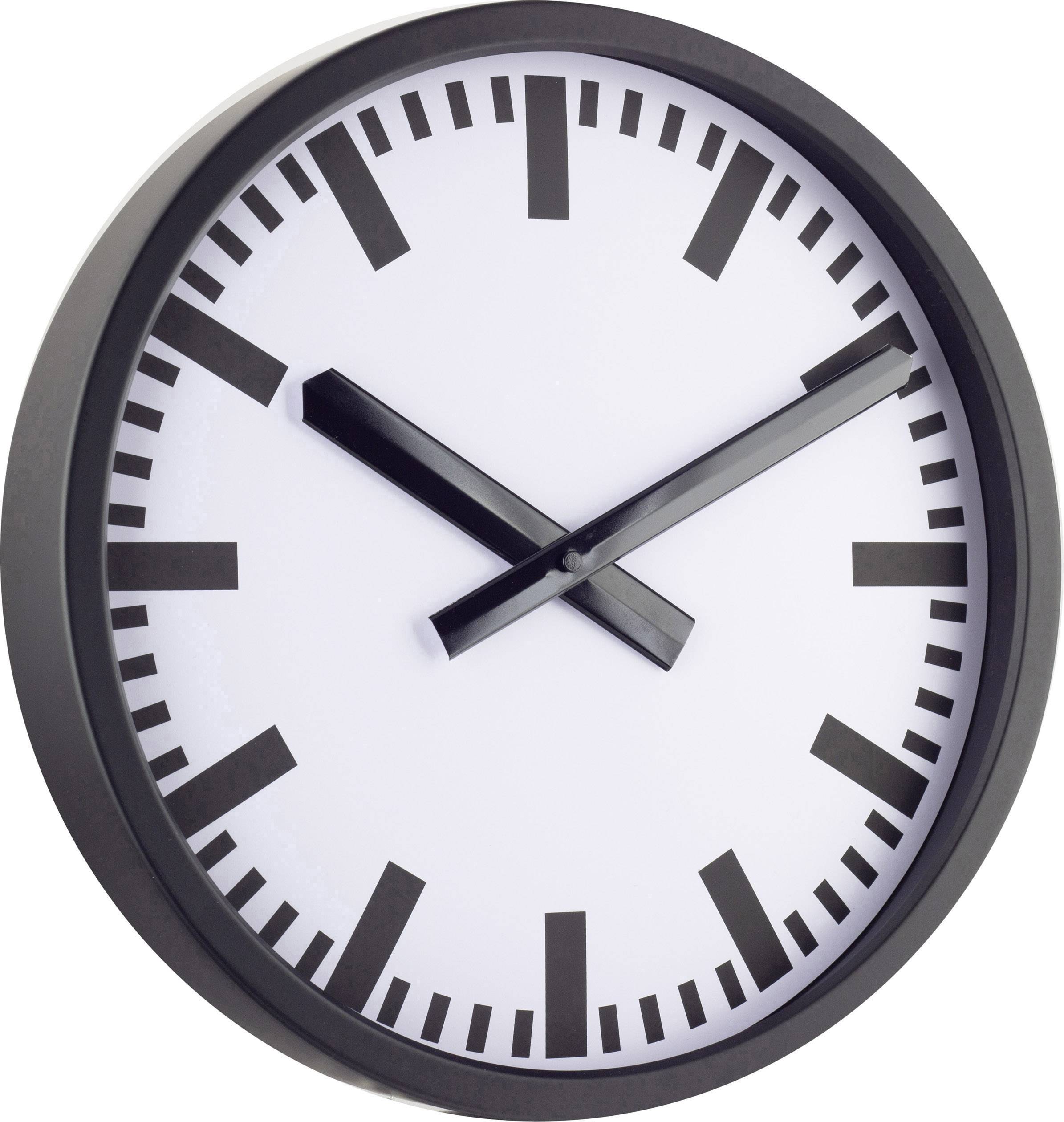 Analoge Wanduhr mit schwarzem Rahmen und Ziffernblatt zeigt 10:10 Uhr.