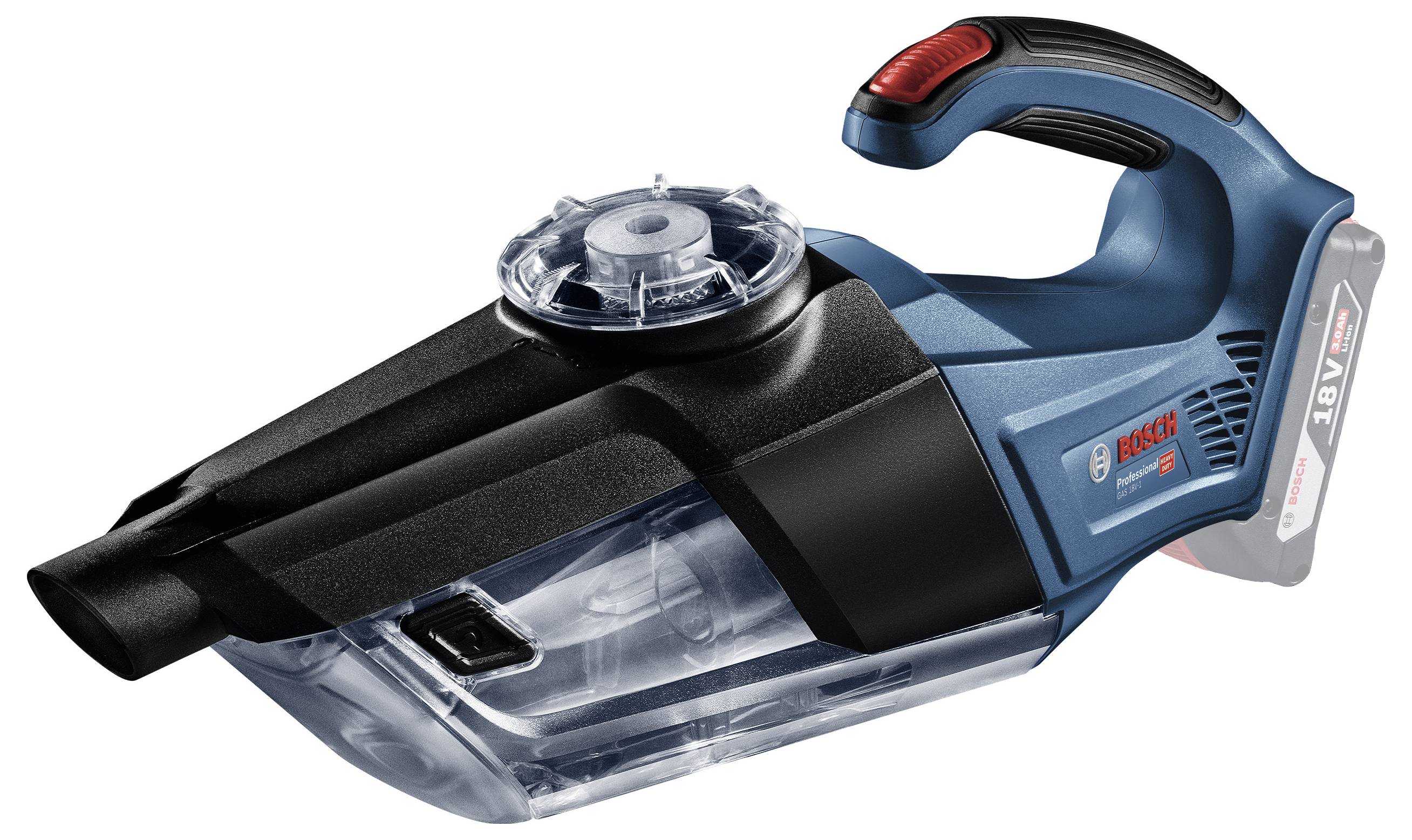 Tragbarer Handstaubsauger in blau-schwarzem Design mit rotem Griff, transparentem Staubbehälter und sichtbarem Markenlogo.