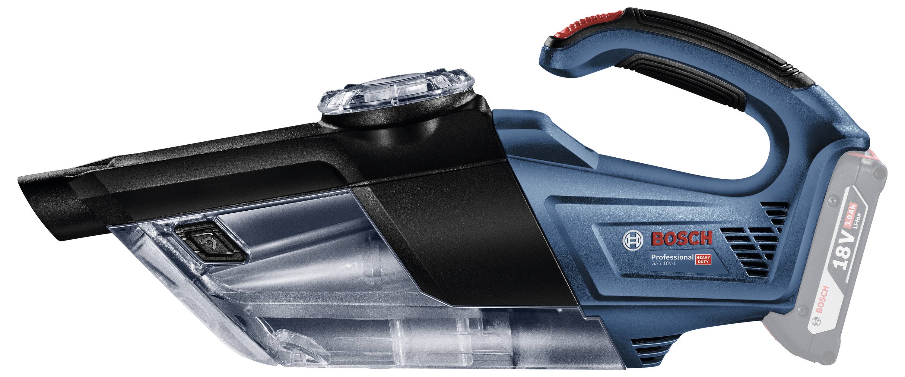 Ein blauer, kabelloser Handstaubsauger von Bosch mit 18V Batterie, kompaktem Design und transparenter Staubkammer, geeignet für schnelles Reinigen.