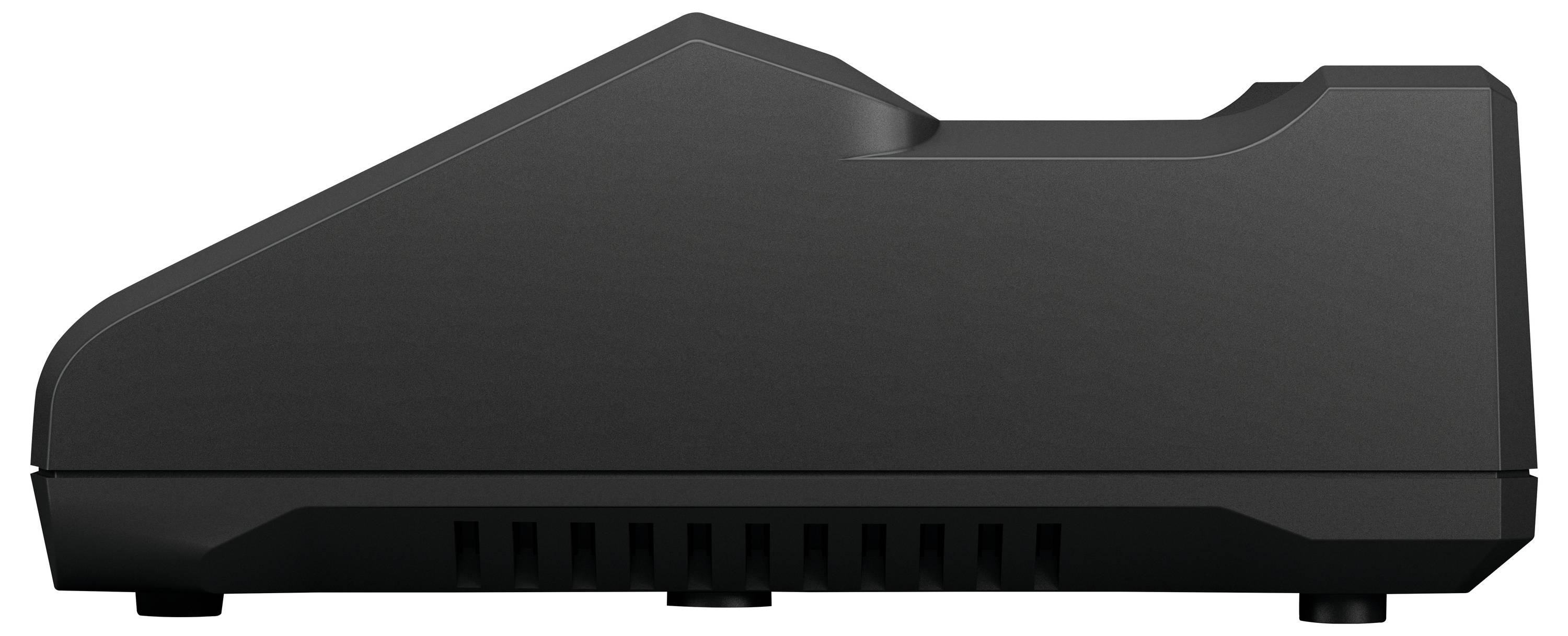 Ein seitlicher Blick auf eine schwarze Ladestation mit abgerundeter Form und Lüftungsschlitzen.