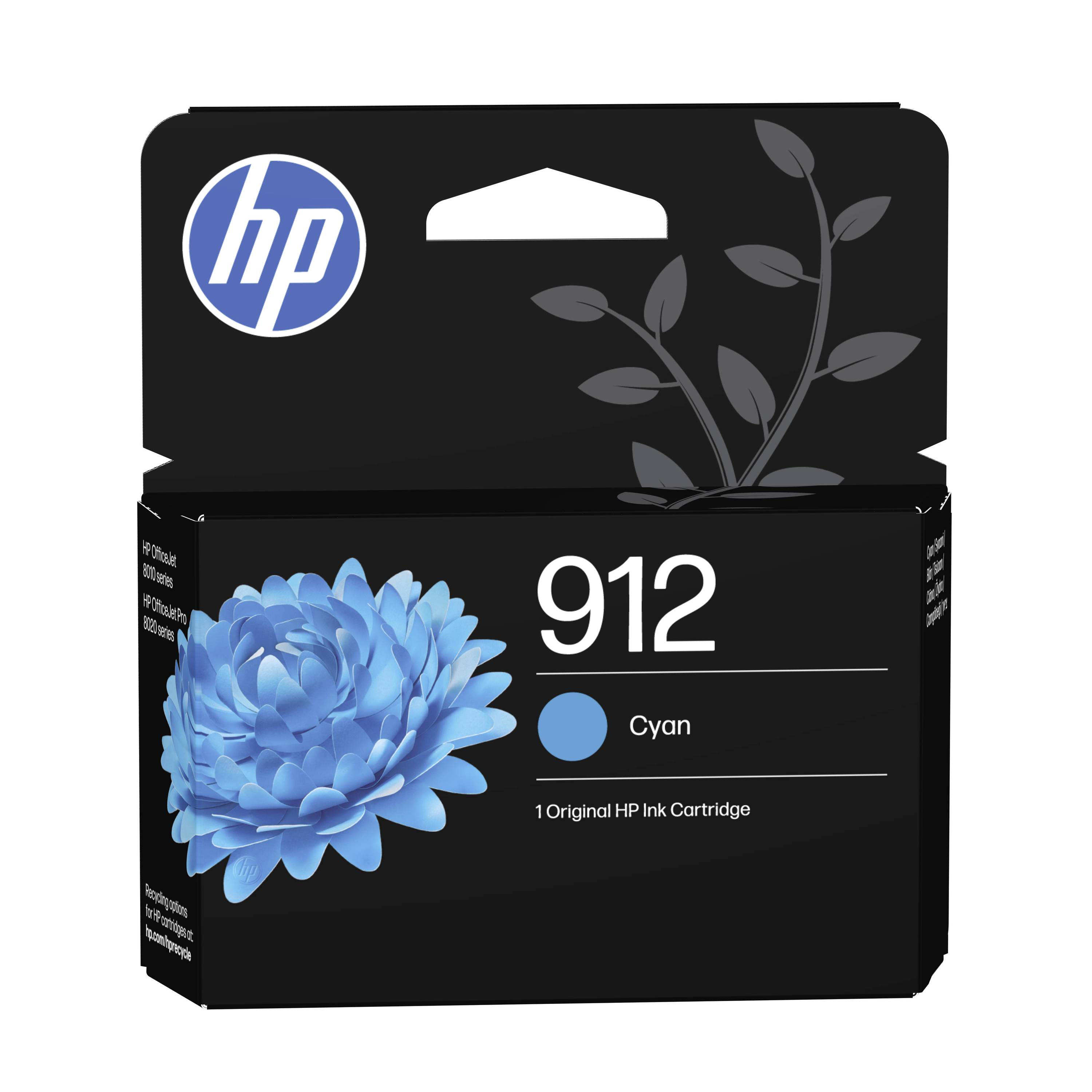 HP 912 Cyan Original Tintenpatrone in Originalverpackung mit blauem Blumenmotiv und HP-Logo auf einer schwarzen Schachtel.