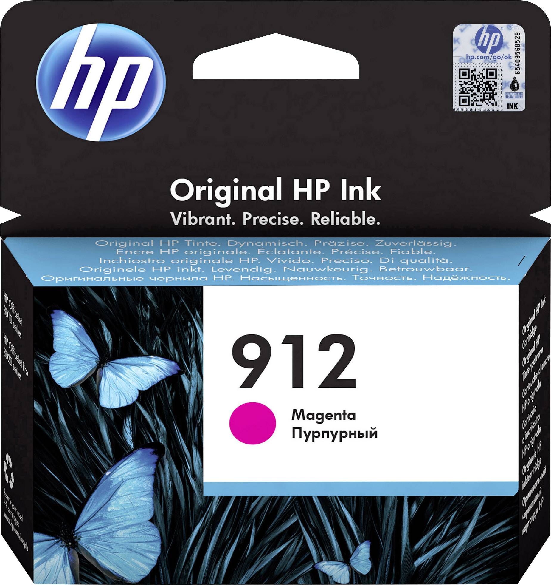 Verpackung einer HP Druckerpatrone in Magenta (912), dekoriert mit blauen Schmetterlingen, Text: 'Original HP Ink - Vibrant. Precise. Reliable.'