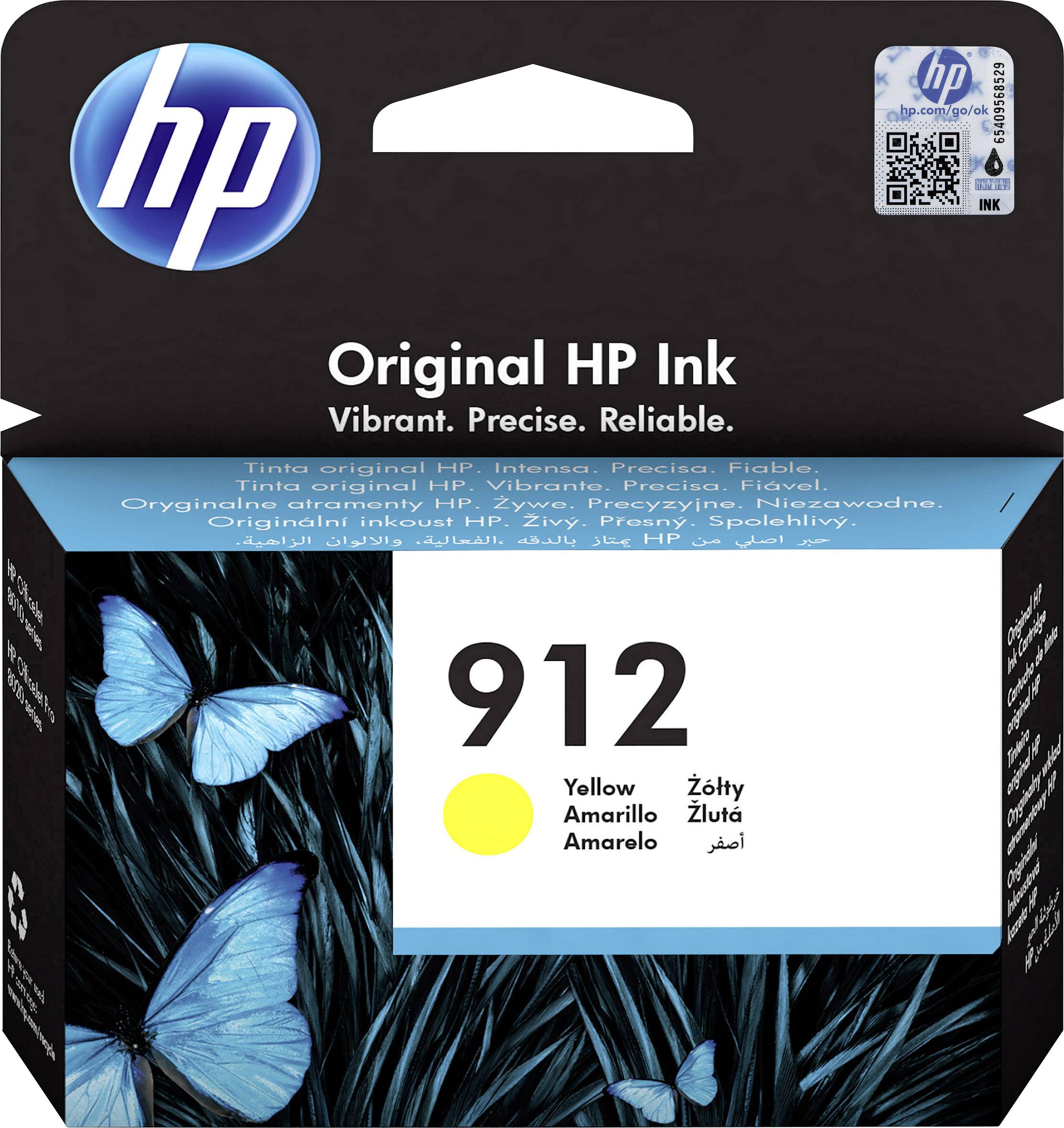 Ein HP-Druckerpatronenpaket mit der Nummer 912, enthält gelbe Tinte. Auf der Verpackung sind blaue Schmetterlinge abgebildet.